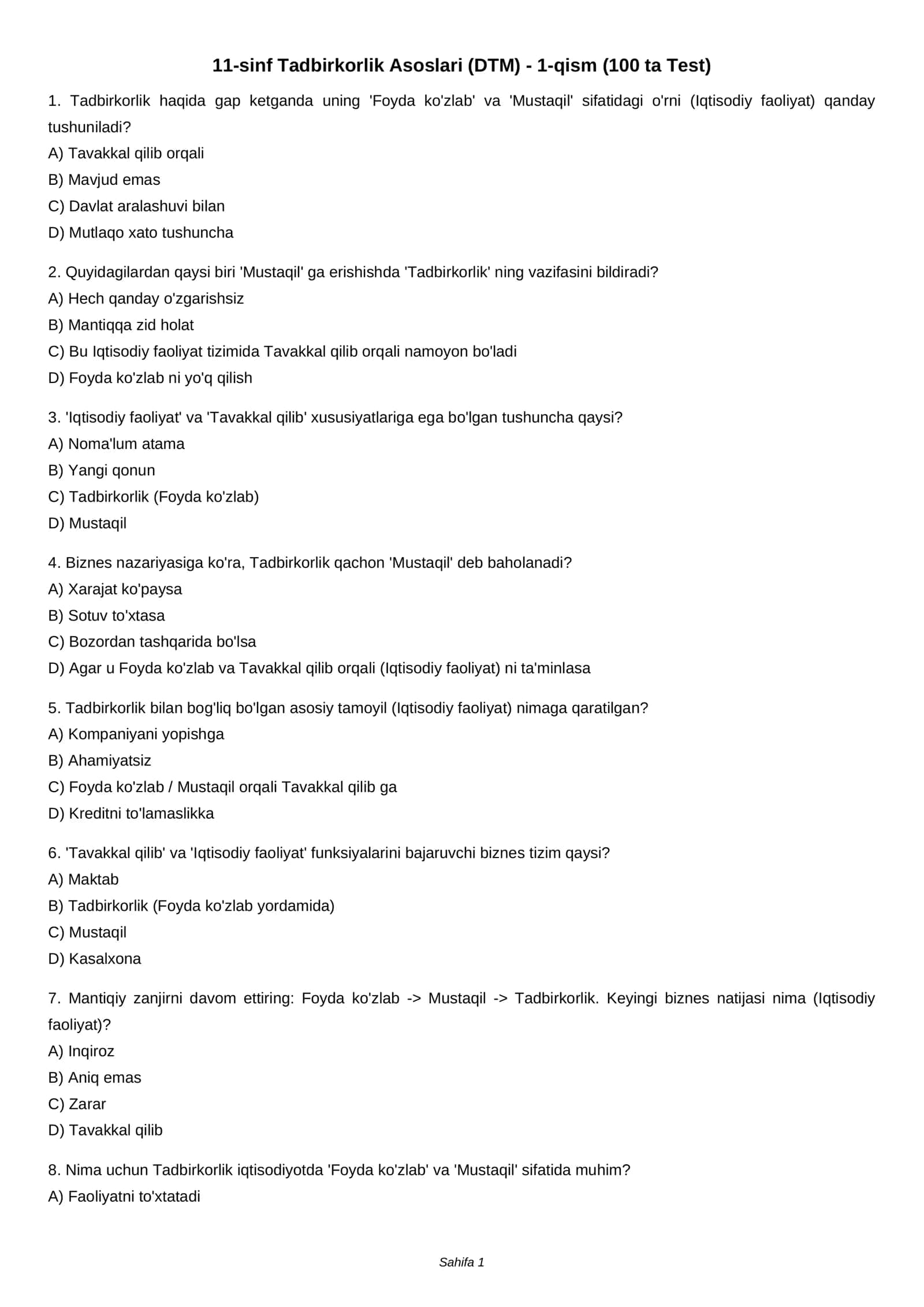 11-sinf Tadbirkorlik Asoslari (DTM) - 1-qism (100 ta Test) 1