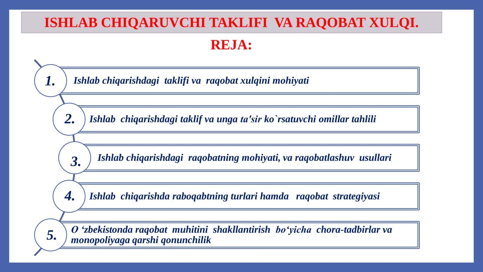 ISHLAB CHIQARUVCHI TAKLIFI  VA RAQOBAT XULQI. 1