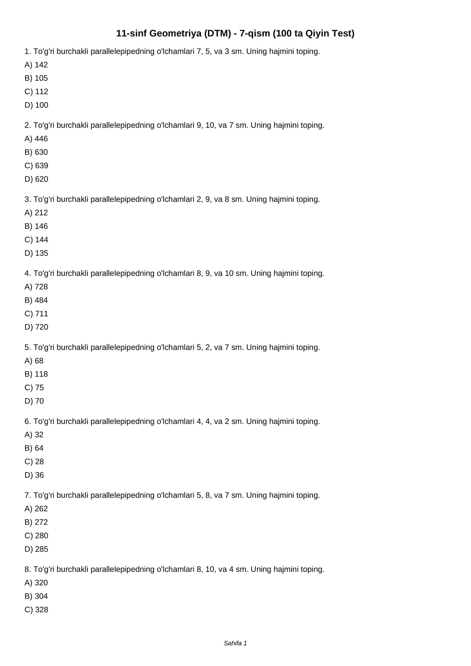 11-sinf Geometriya (DTM) - 7-qism (100 ta Qiyin Test) 1