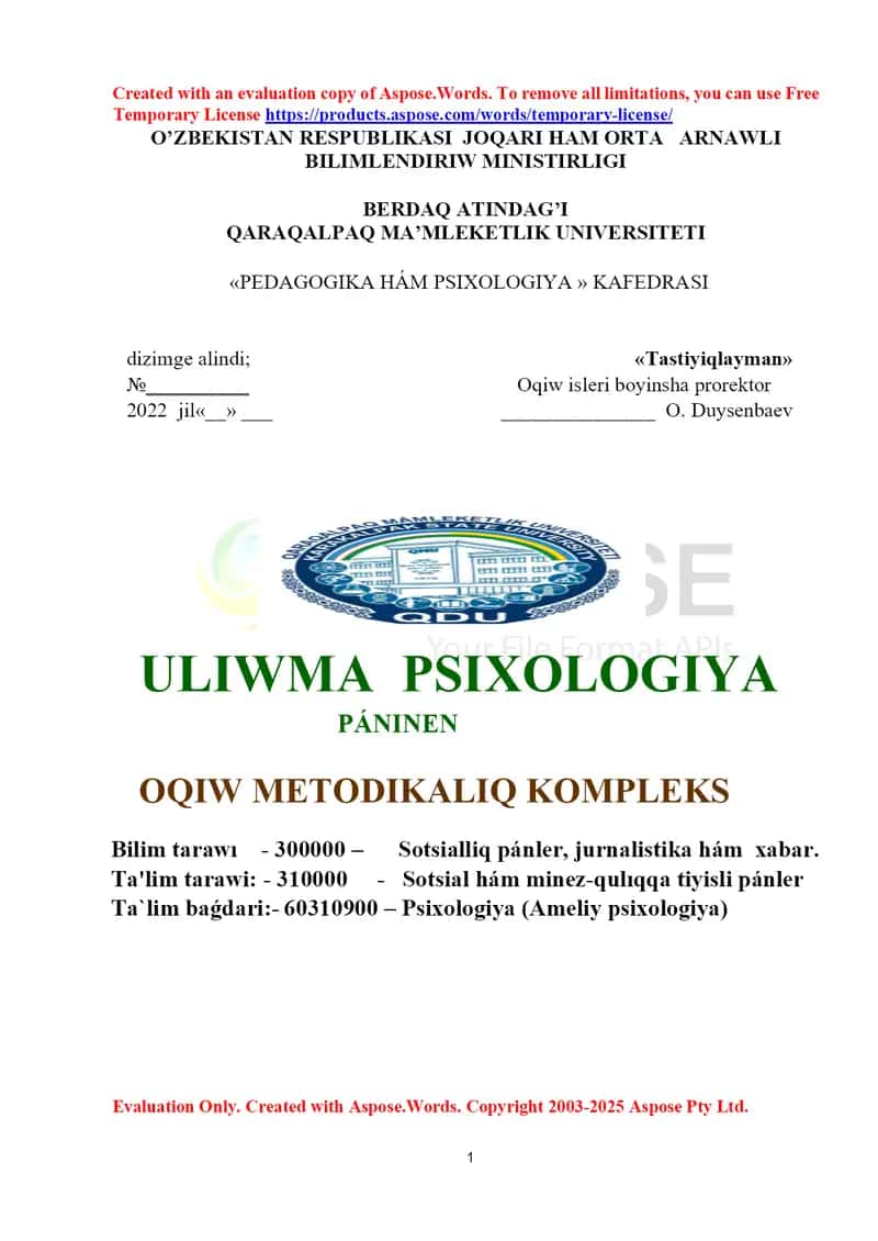 O‘quv-metodik kompleks “Uliwma psixologiya” (60310900 – Ameliy psixologiya) 1