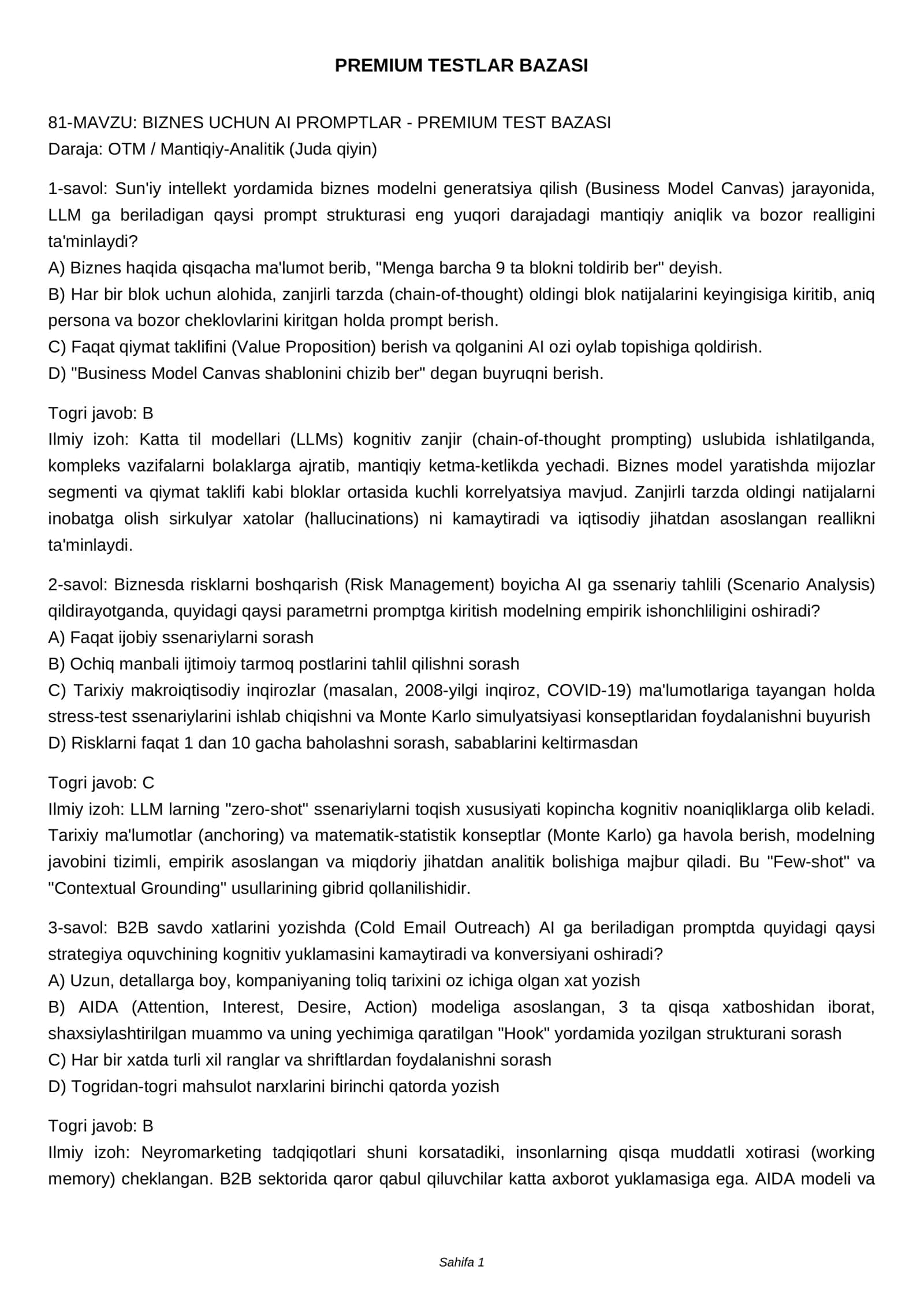 BIZNES UCHUN AI PROMPTLAR - PREMIUM TEST BAZASI 1