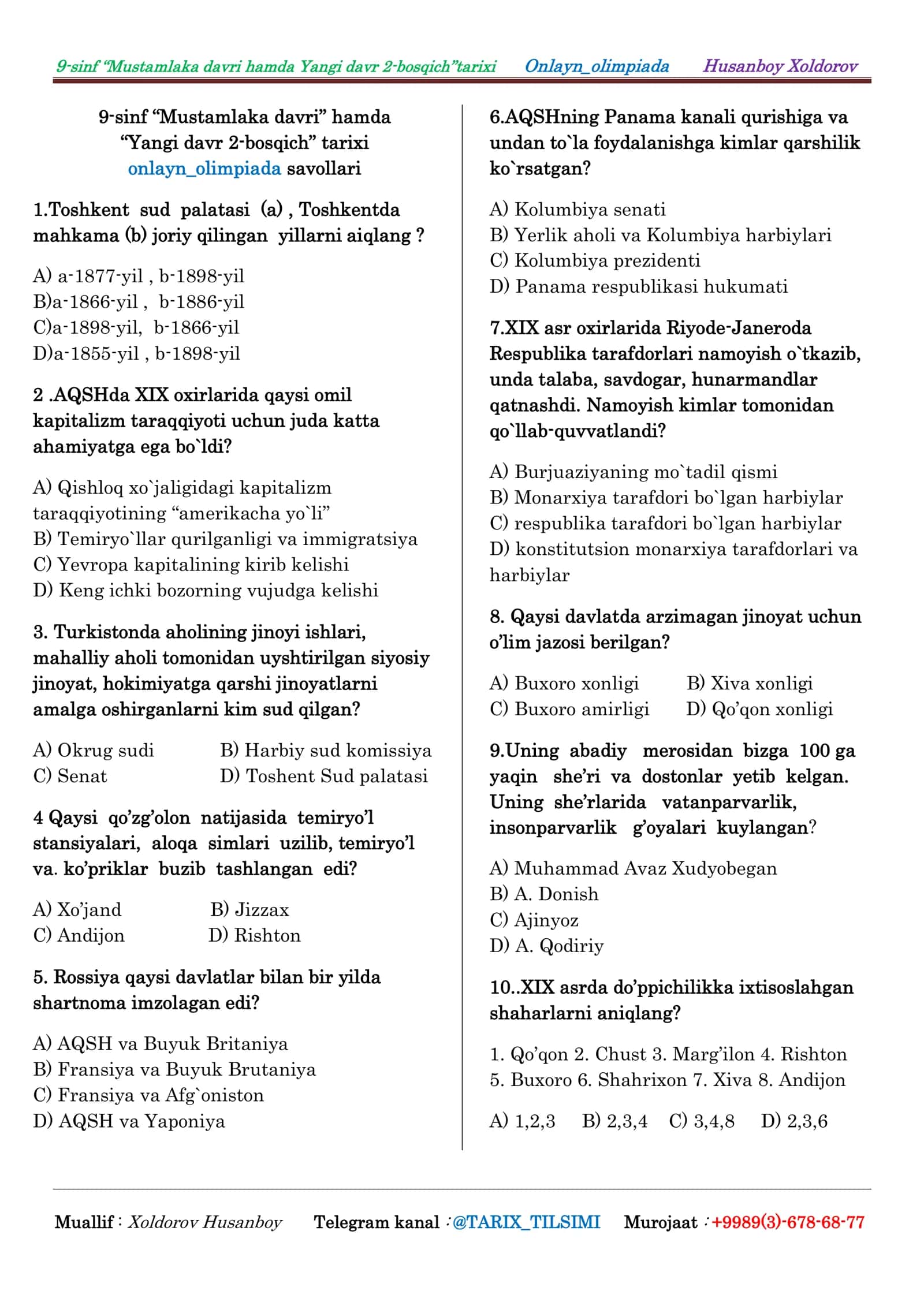 9-sinf “Mustamlaka davri hamda Yangi davr 2-bosqich”tarixi Onlayn_olimpiada Husanboy Xoldorov 1