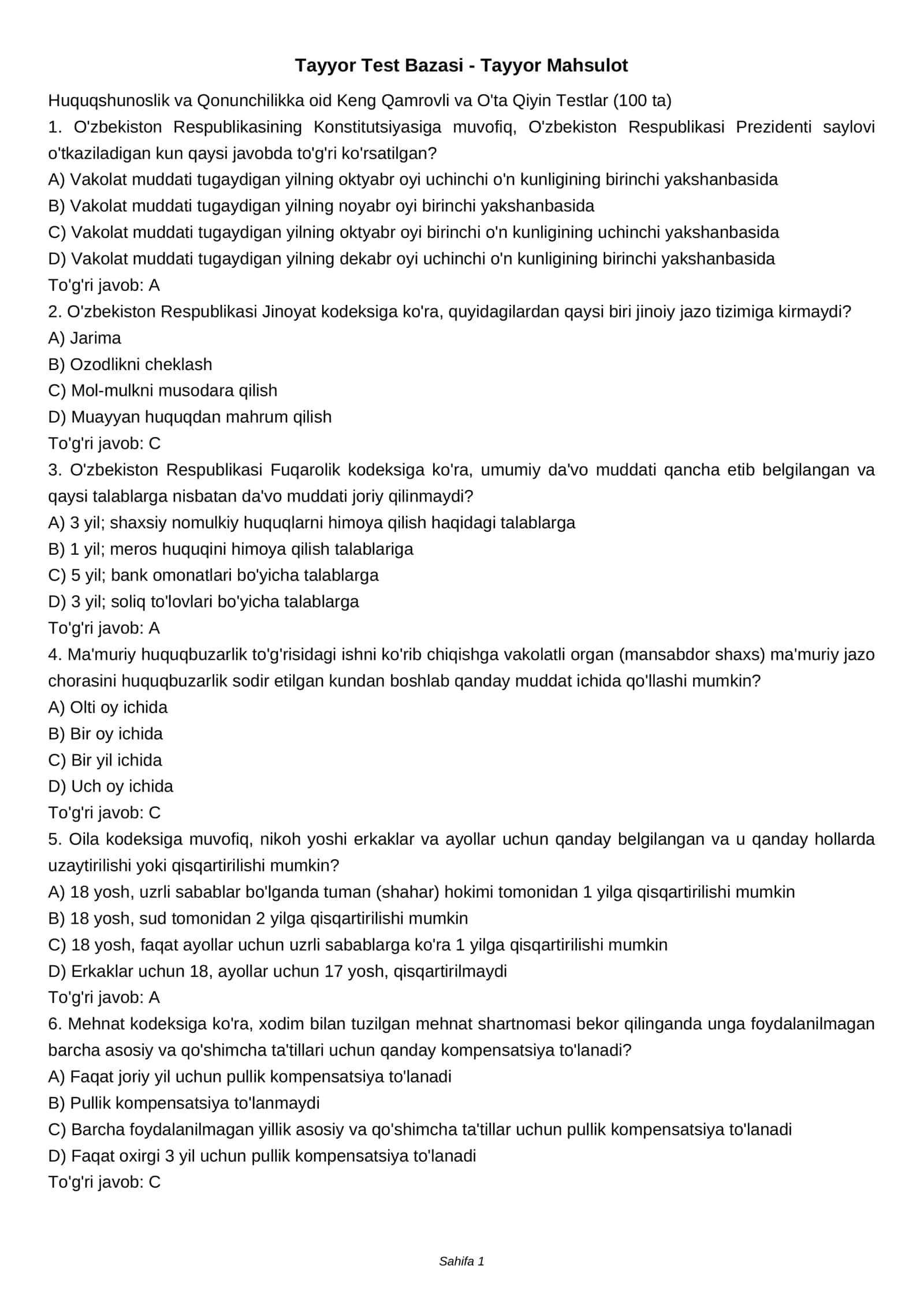 Tayyor Test Bazasi - Tayyor Mahsulot 1