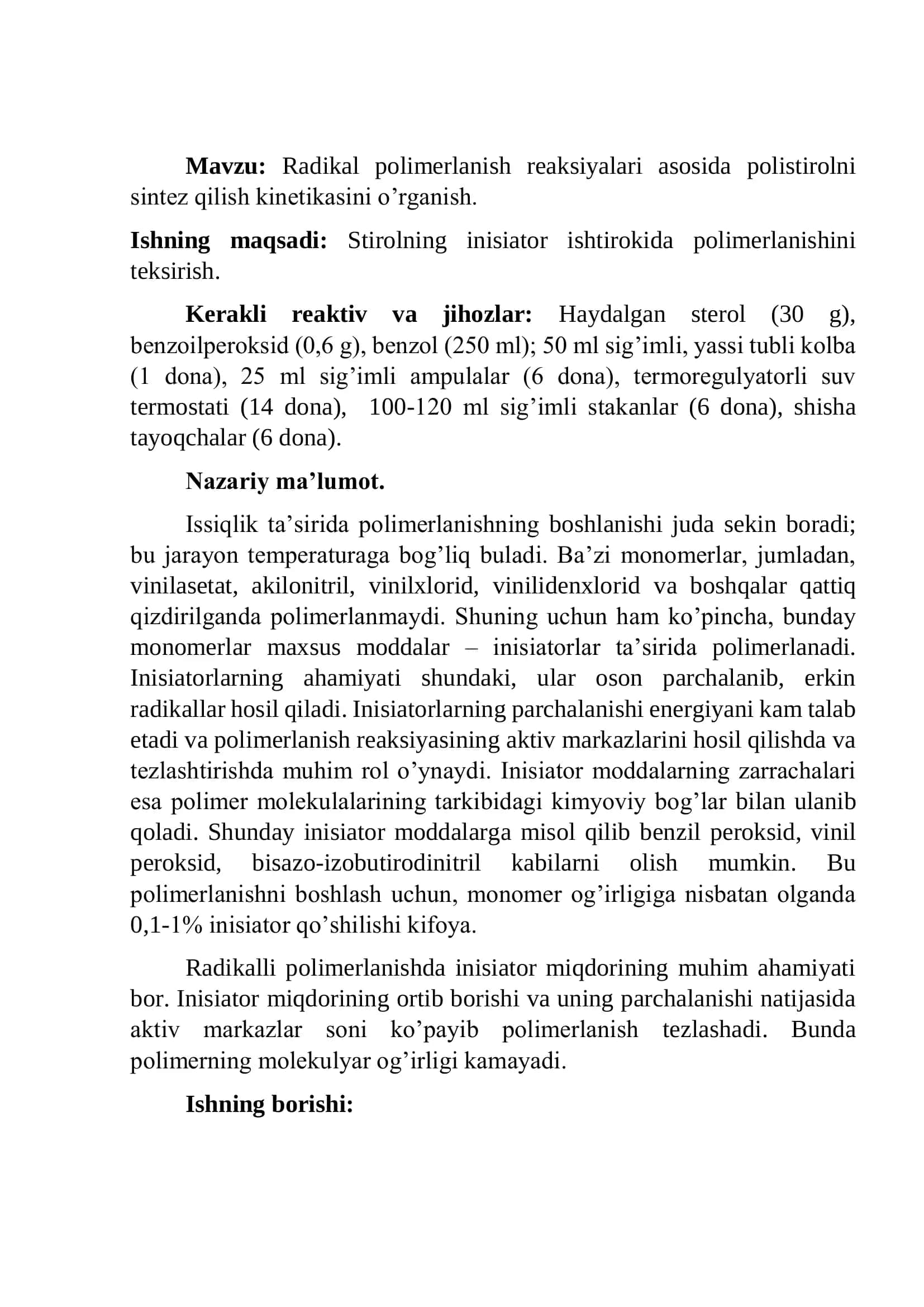 Radikal polimerlanish reaksiyalari asosida polistirolni  sintez qilish kinetikasini o’rganish 1