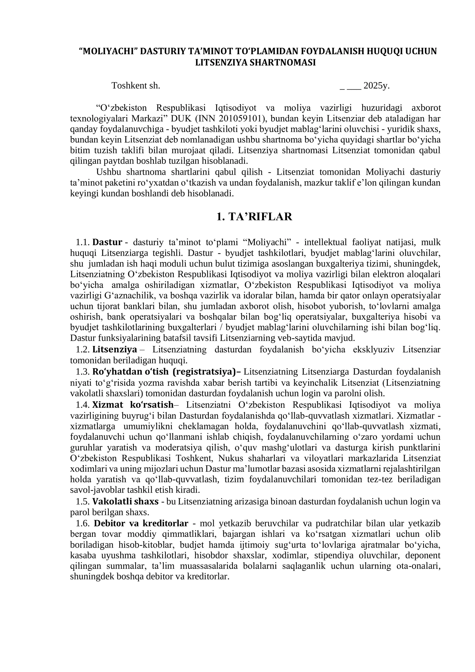 "Moliyachi" Dasturiy Taʼminot Toʻplamidan Foydalanish Huquqi Uchun 1