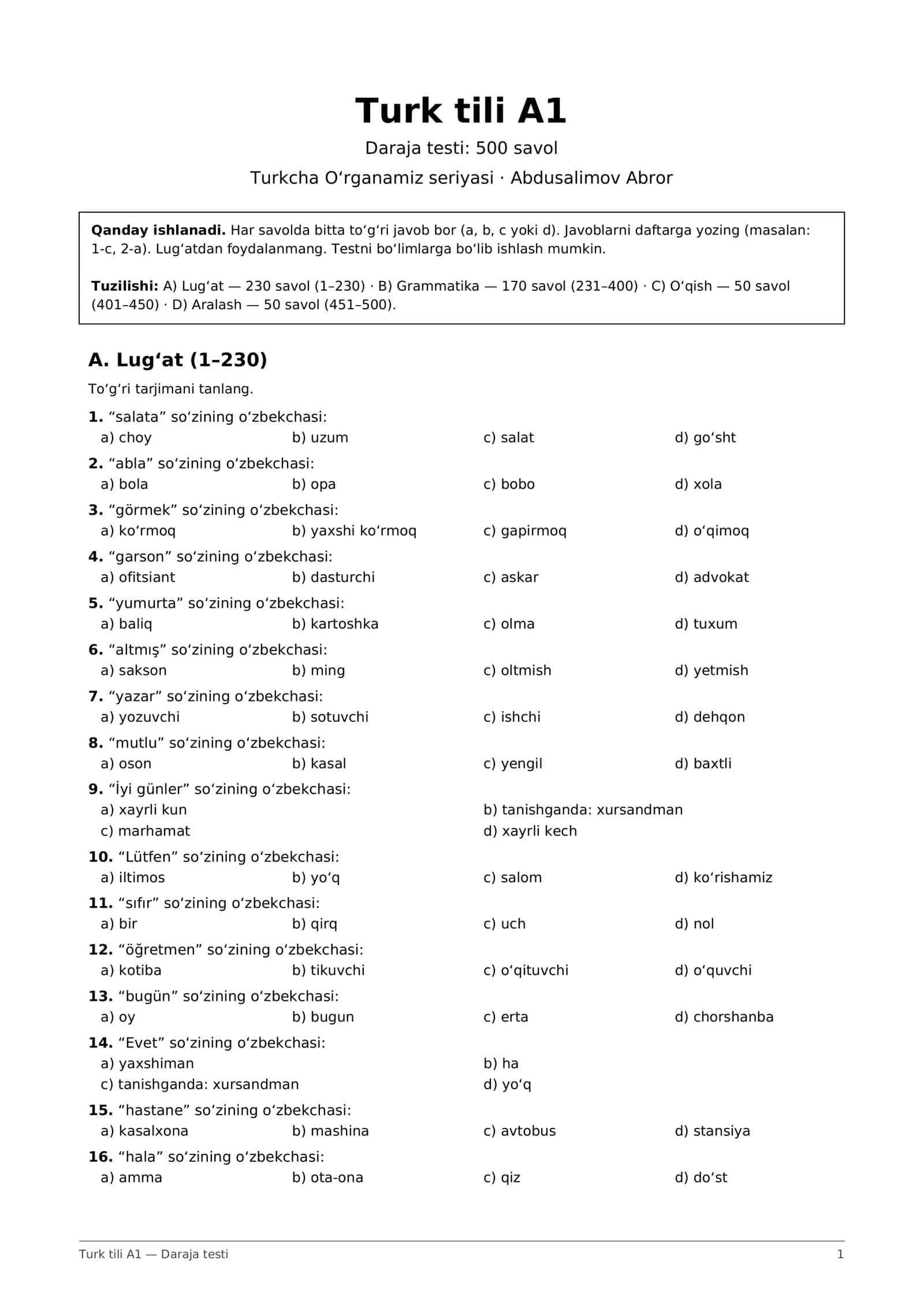 Turk tili A1 test: 500 savol + javoblar kaliti (PDF) 1