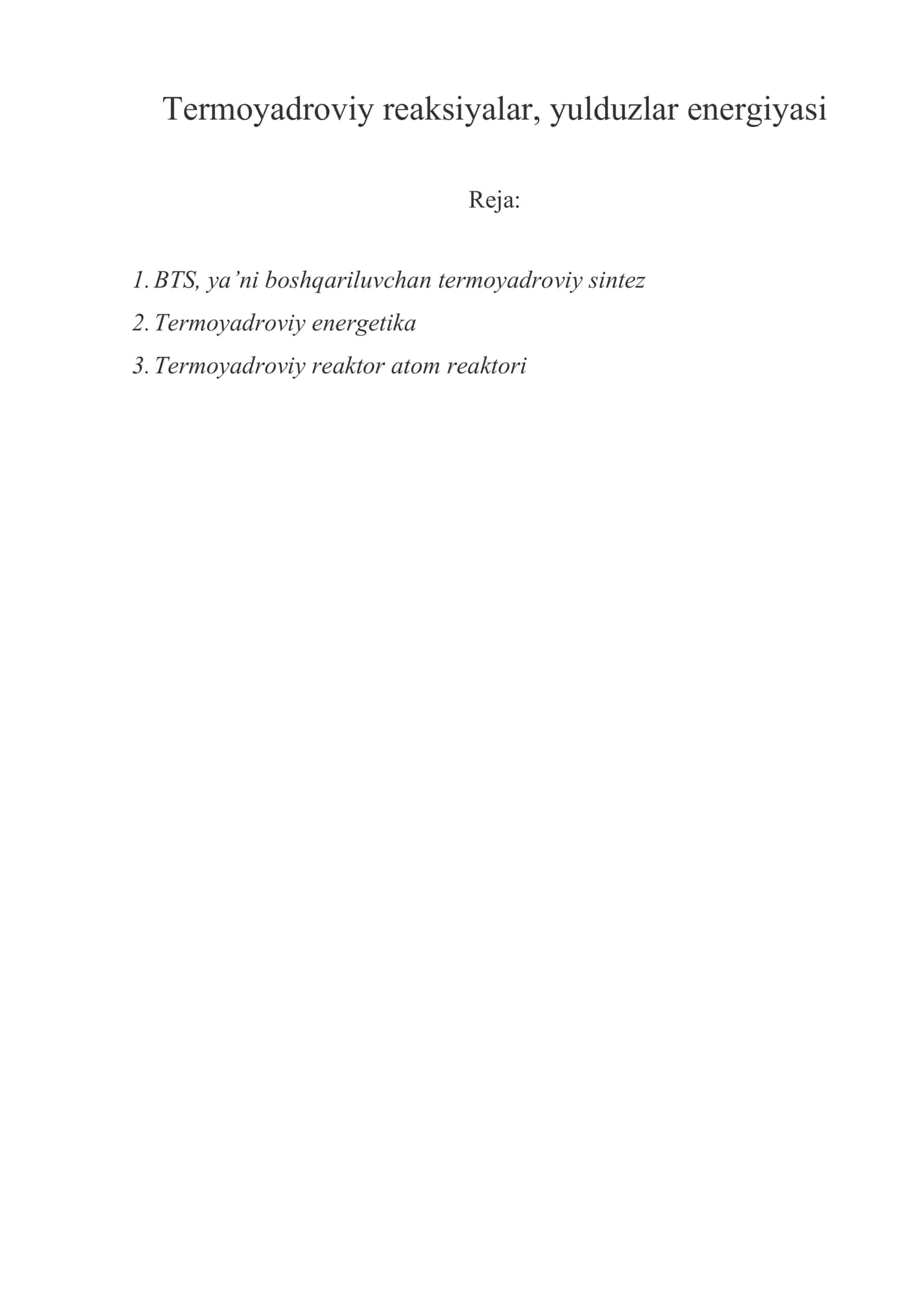 Termoyadroviy reaksiyalar, yulduzlar energiyasi 1