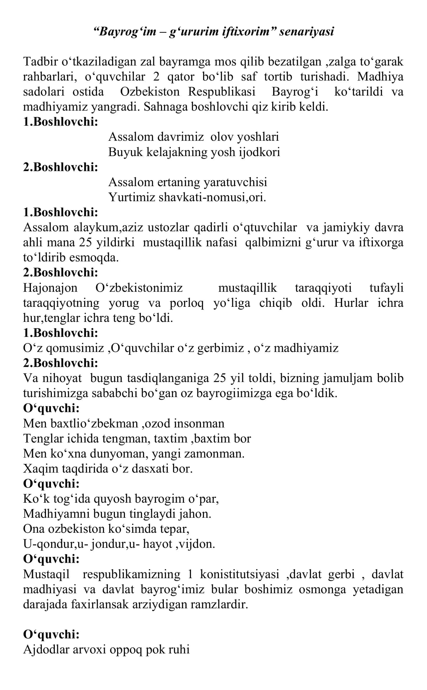 Bayrog‘im – g‘ururim iftixorim senariyasi 1