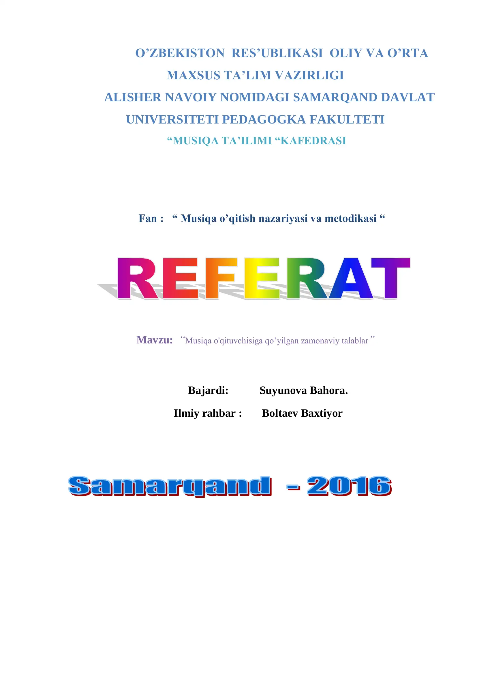 Musiqa o'qitish nazariyasi va metodikasi 1