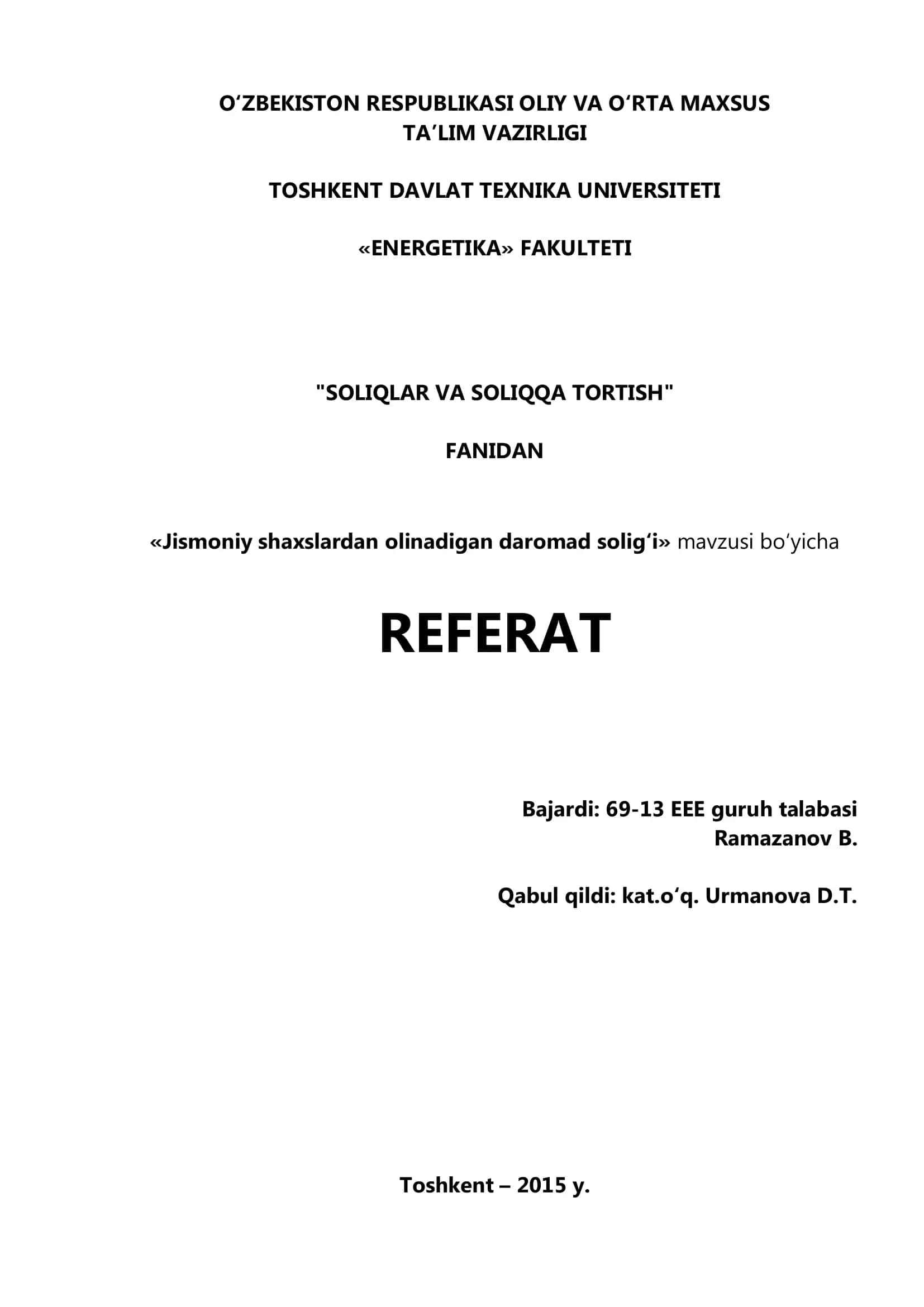 "Jismоniy shaхslardan olinadigan darоmad sоlig‘i" REFERAT 1