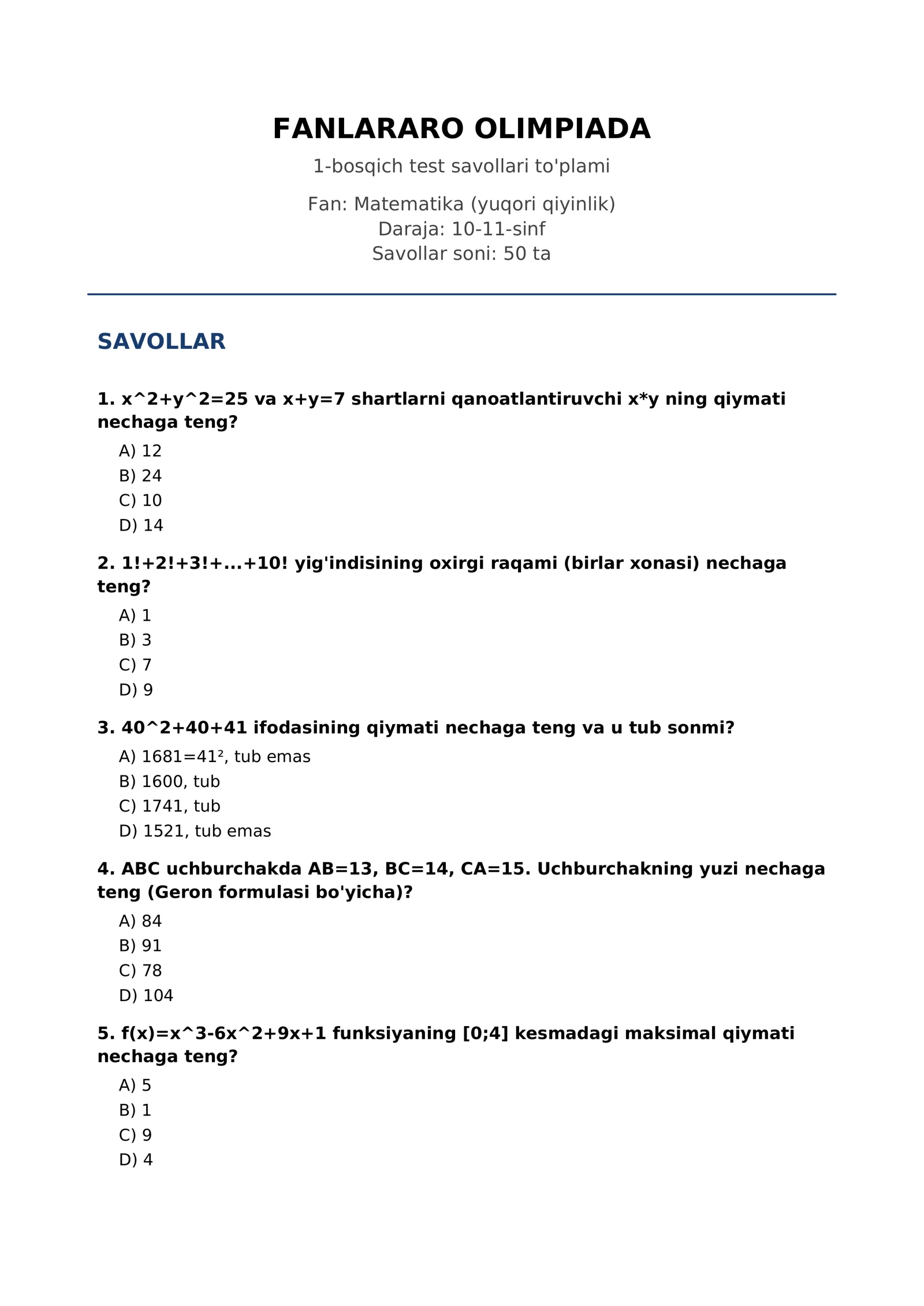 1-bosqich test savollari to'plami 1