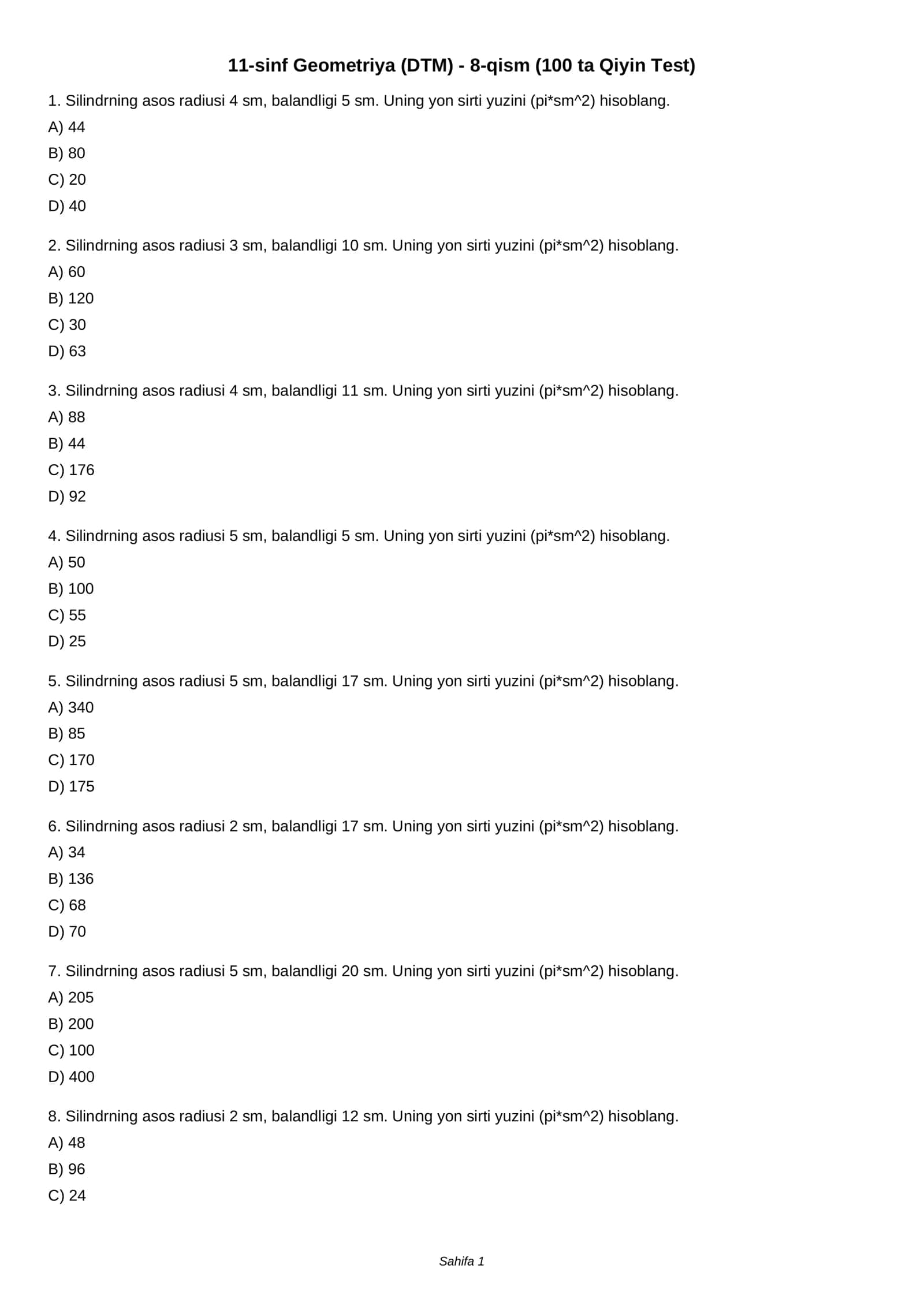 11-sinf Geometriya (DTM) - 8-qism (100 ta Qiyin Test) 1