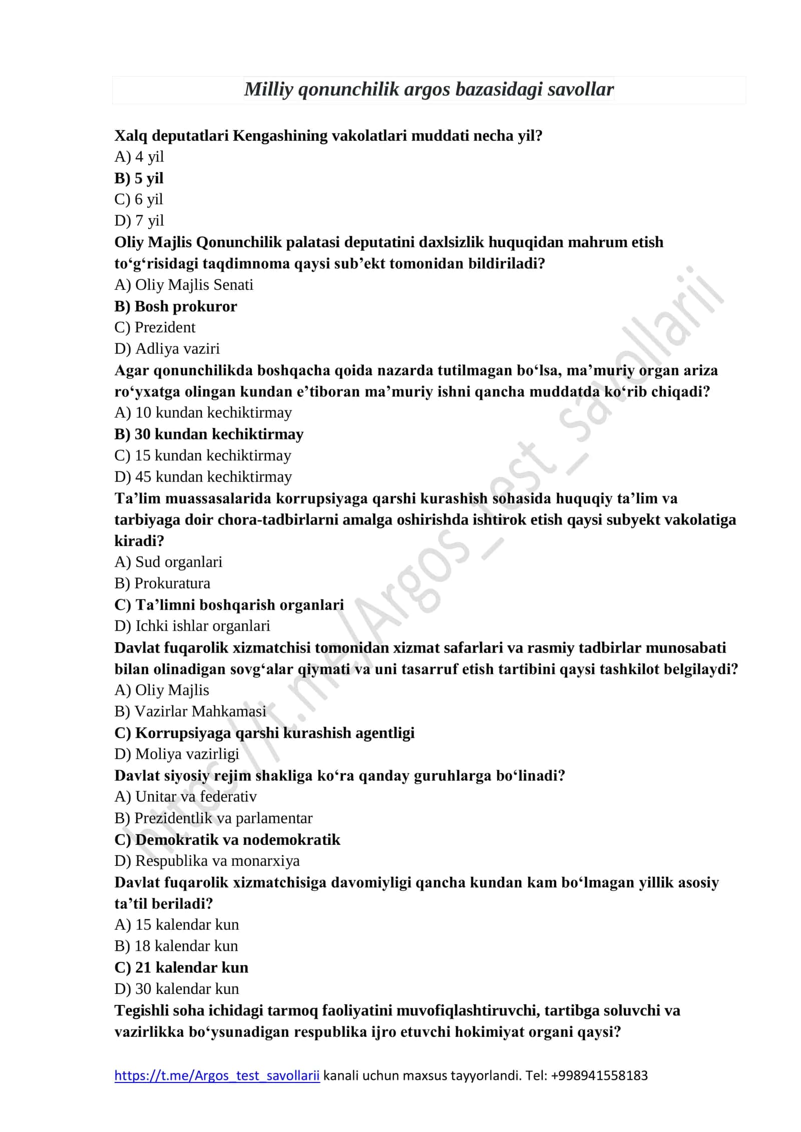 Milliy qonunchilik argos bazasidagi savollar 1