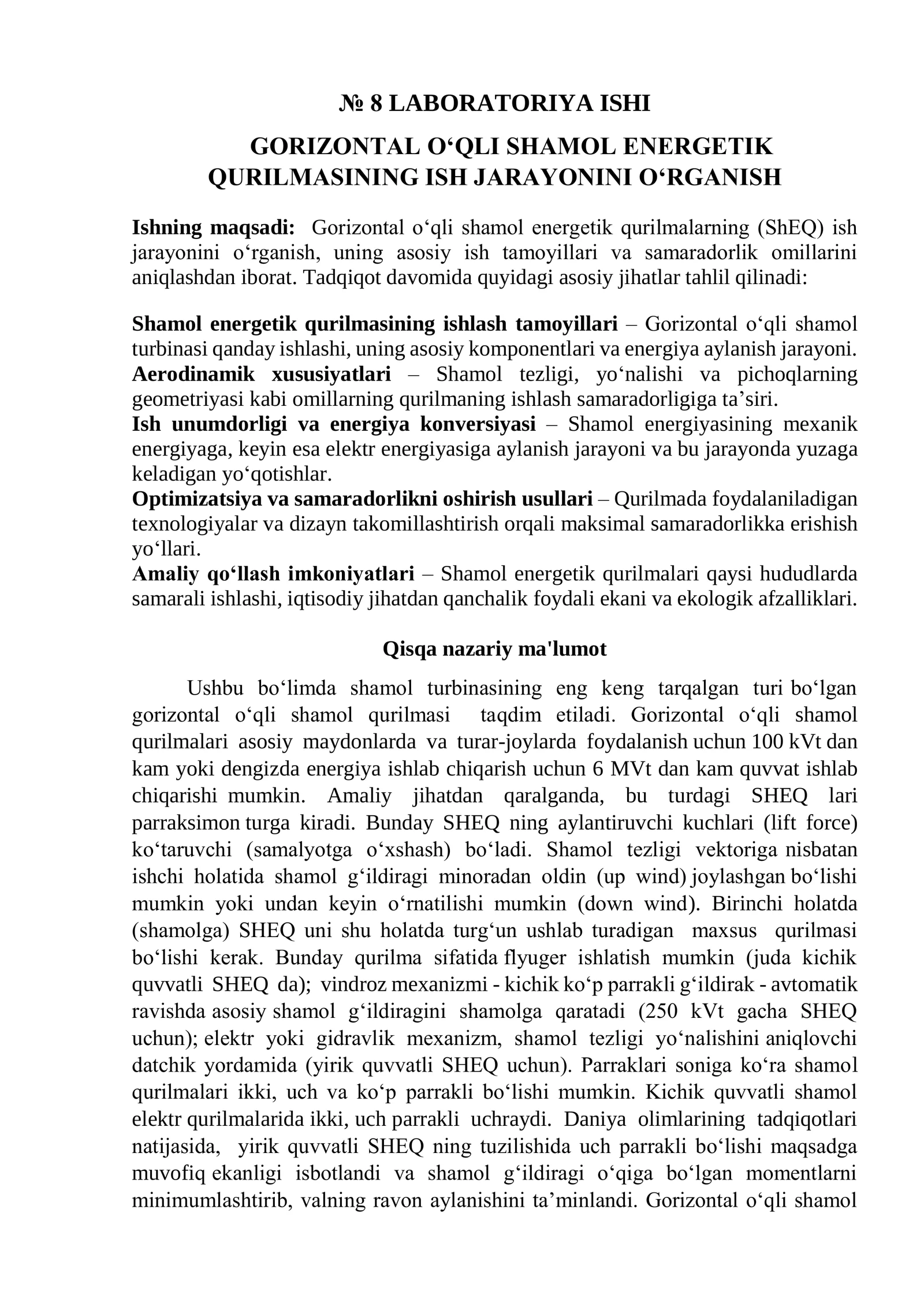 GORIZONTAL O‘QLI SHAMOL ENERGETIK  QURILMASINING ISH JARAYONINI O‘RGANISH 1