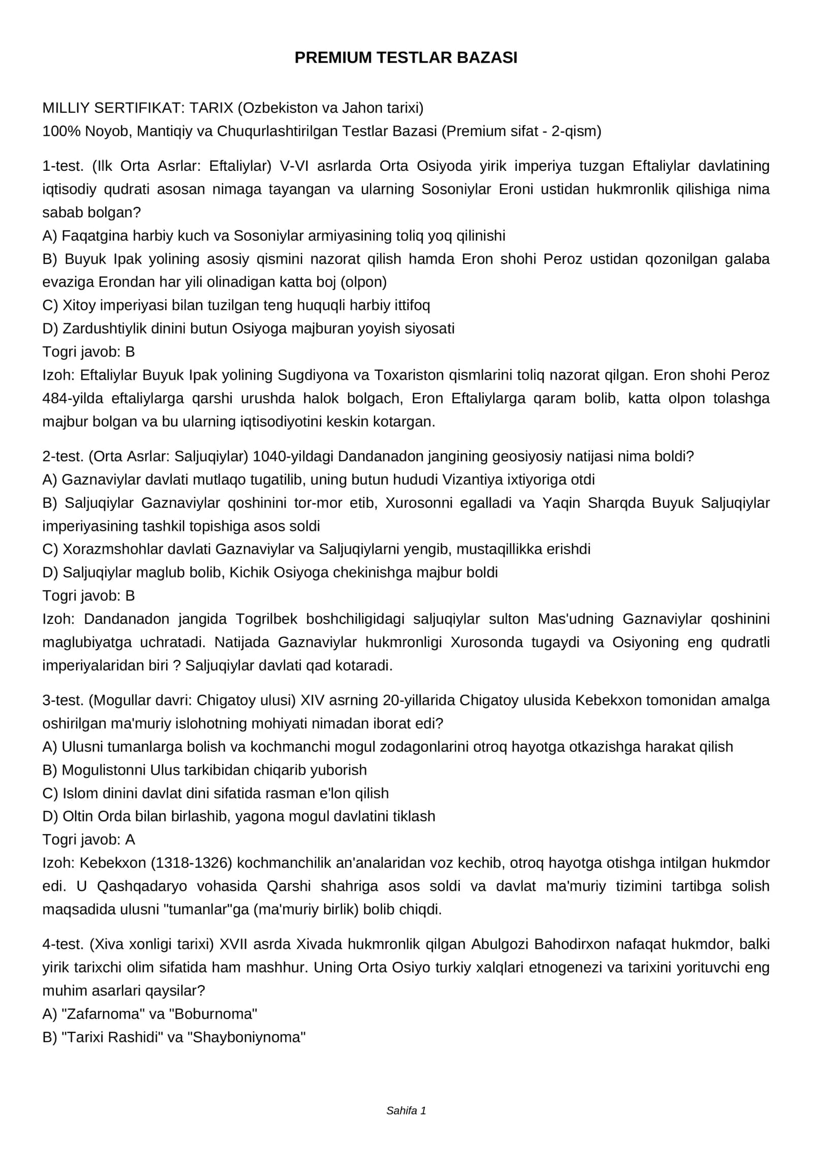 PREMIUM TESTLAR BAZASI 1