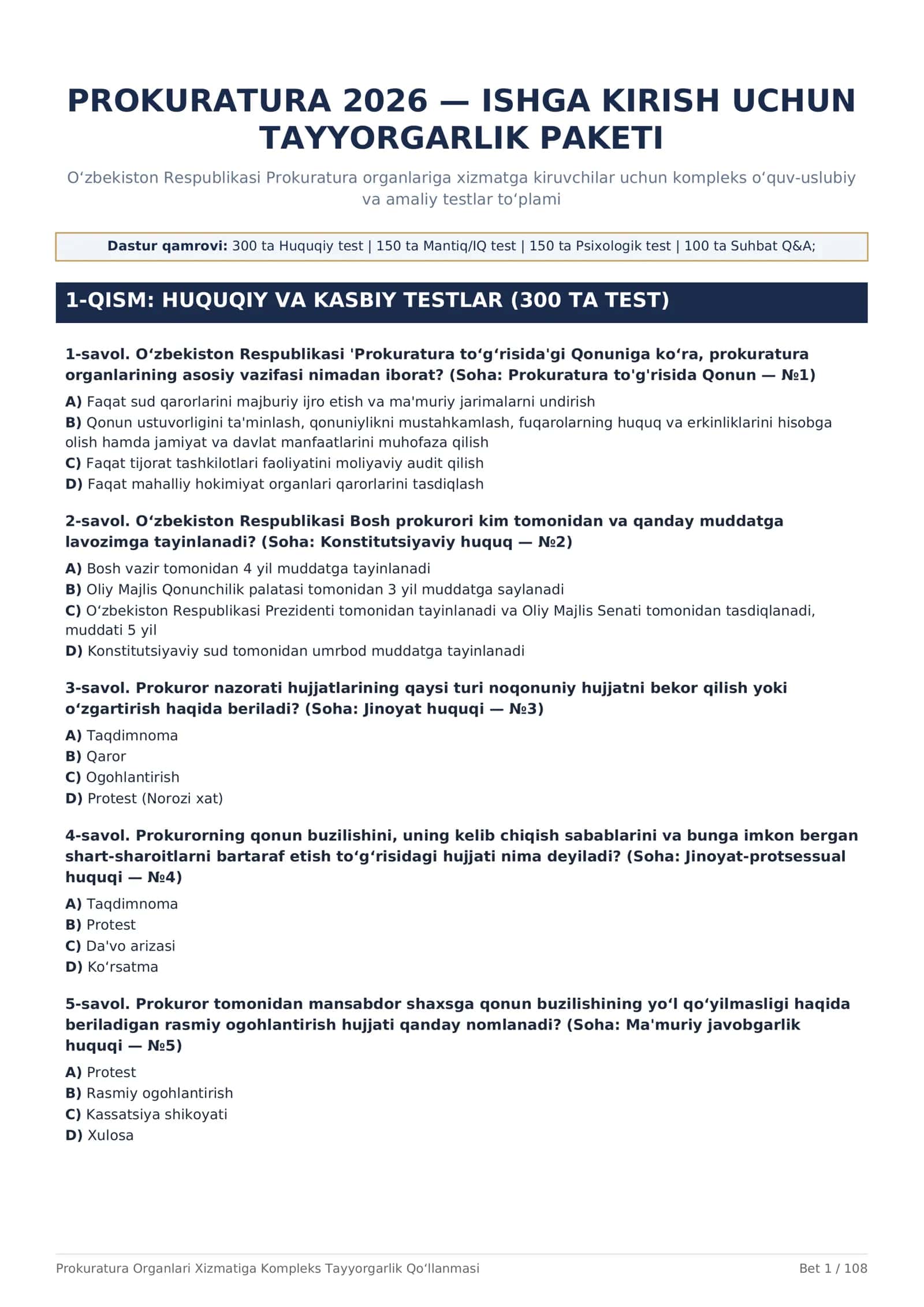 PROKURATURA 2026 — ISHGA KIRISH UCHUN TAYYORGARLIK PAKETI 1