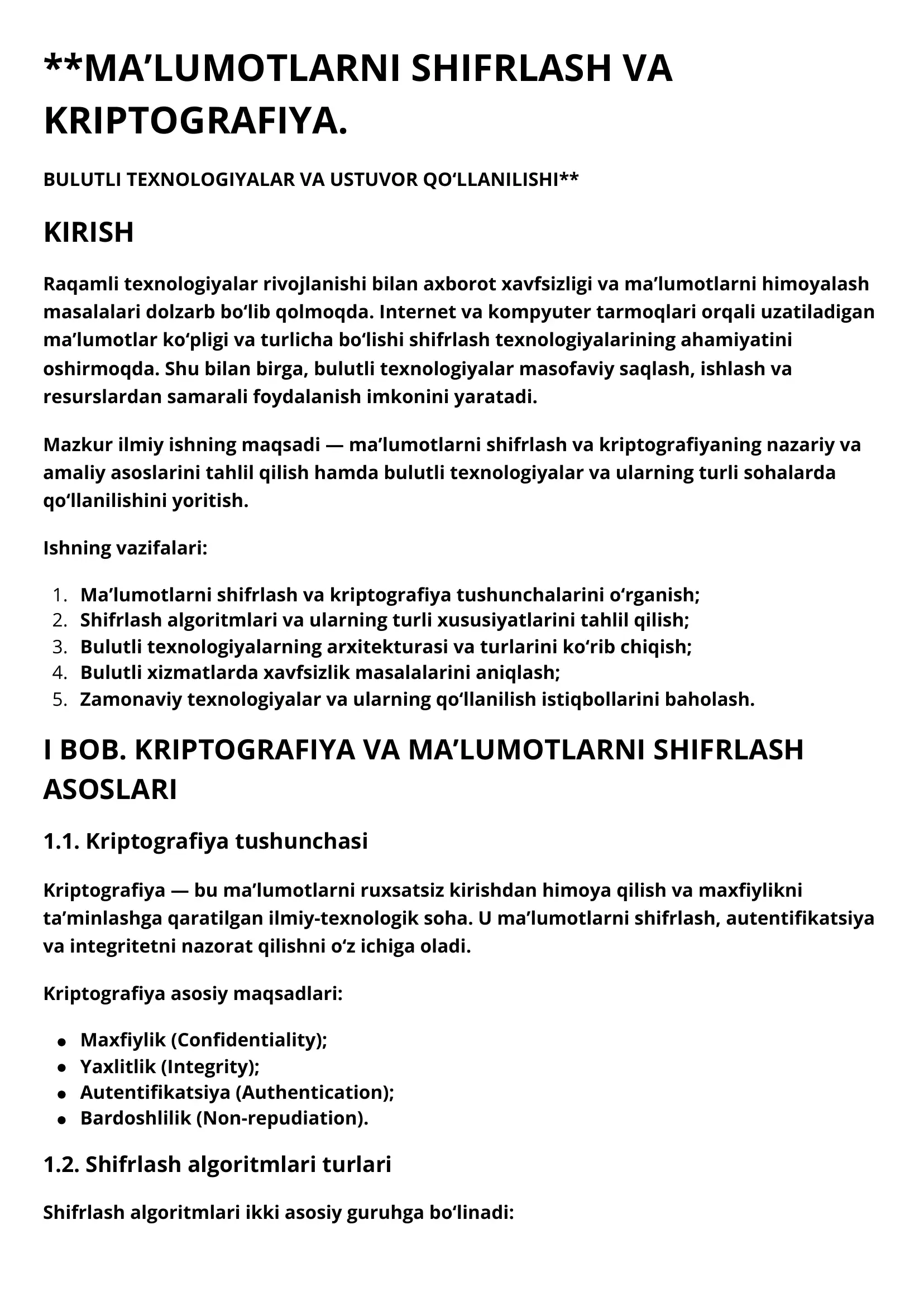 MA’LUMOTLARNI SHIFRLASH VA KRIPTOGRAFIYA 1