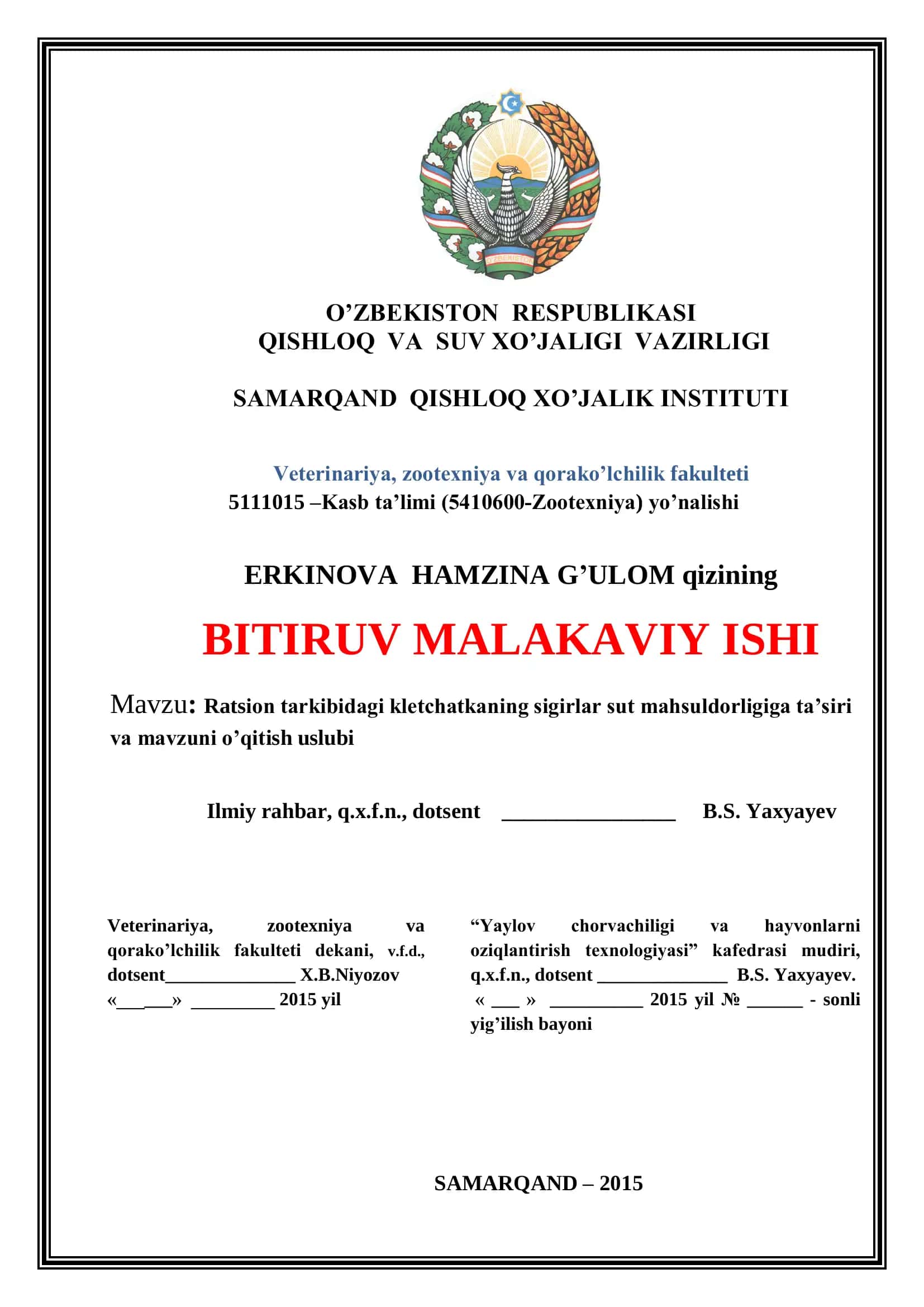 Kasb taʼlimi (5410600­Zootexniya) yoʼnalishi 1