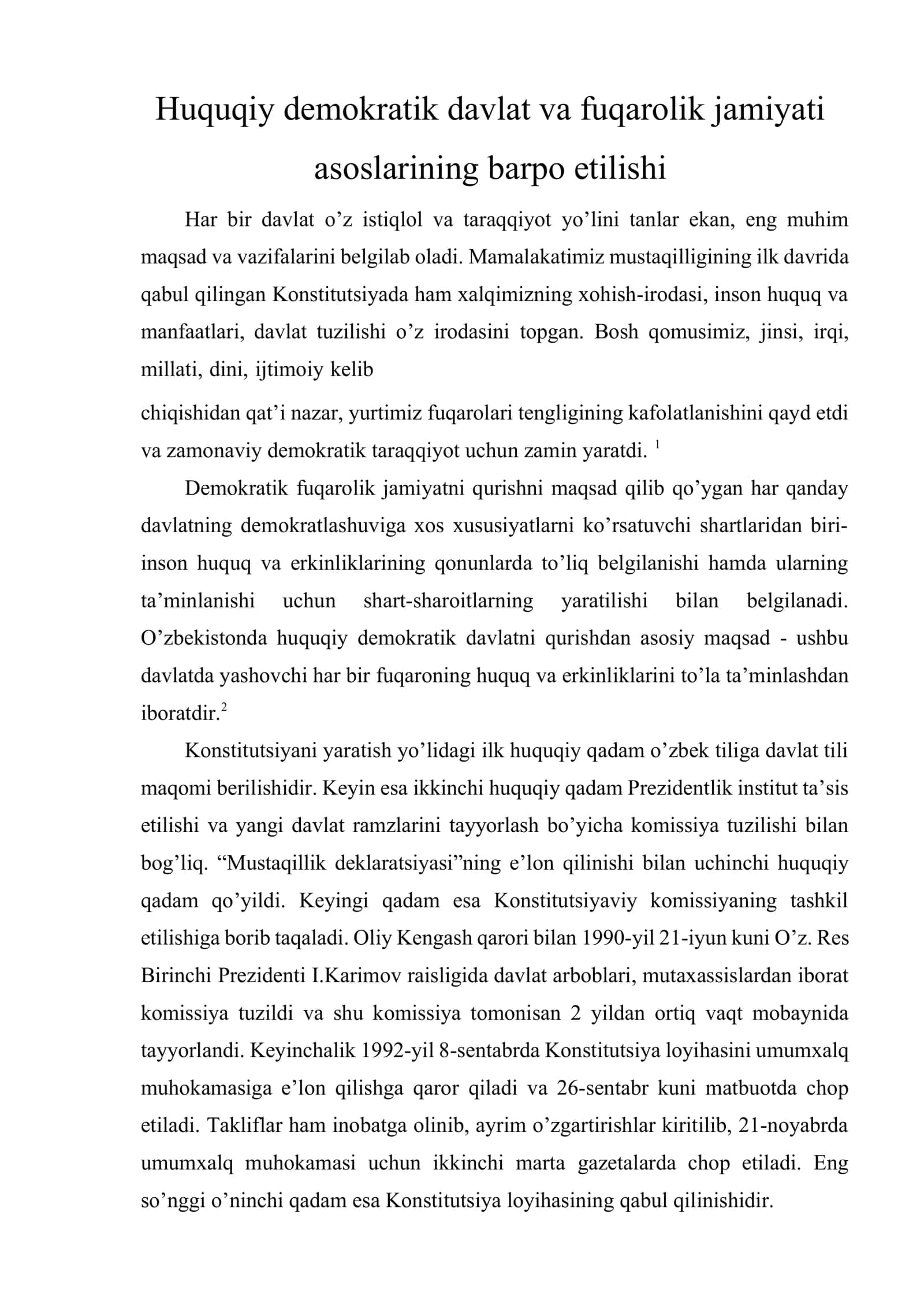 Huquqiy demokratik davlat va fuqarolik jamiyati asoslarining barpo etilishi 1