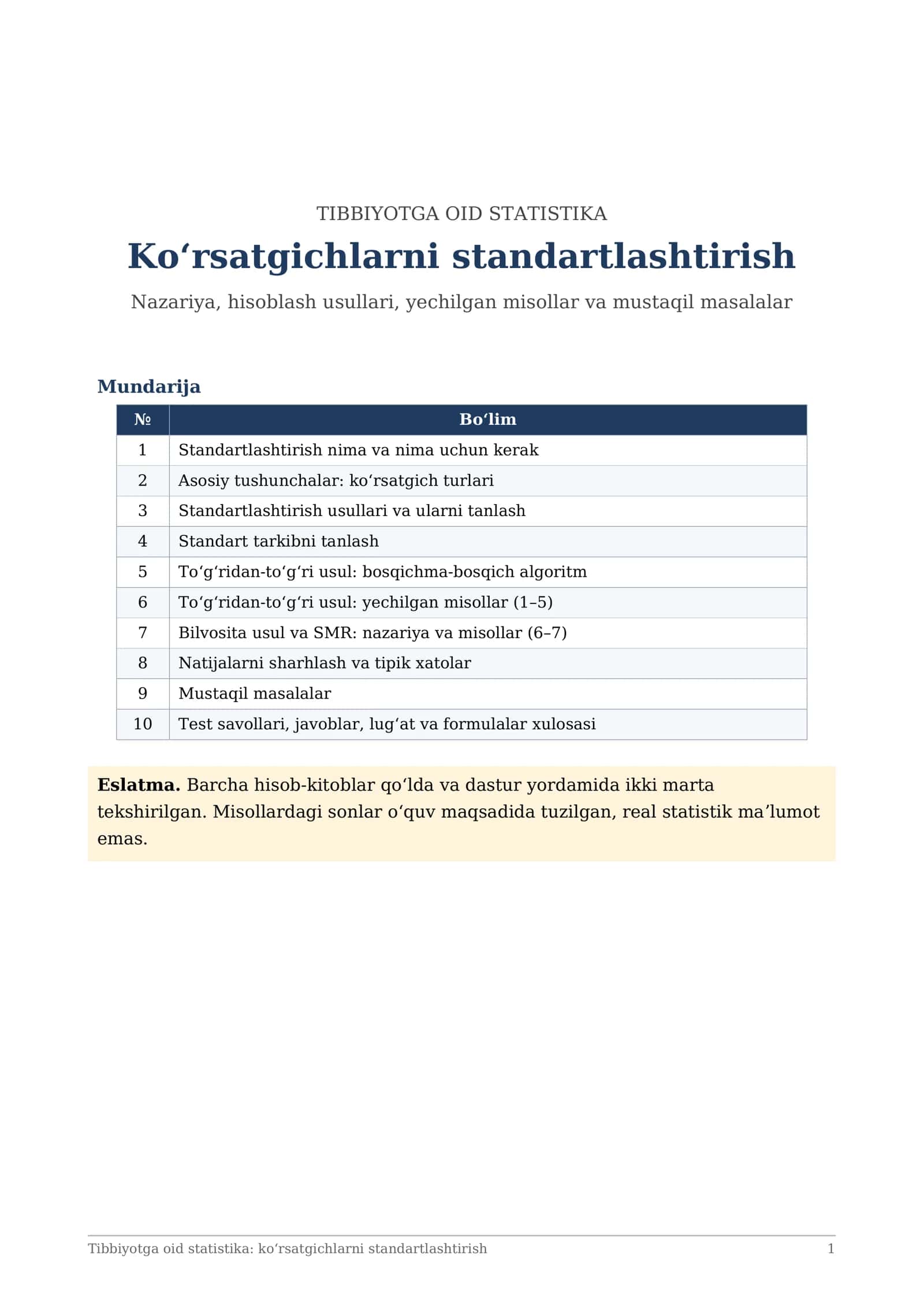 Tibbiyotga oid statistika: koʻrsatgichlarni standartlashtirish 1