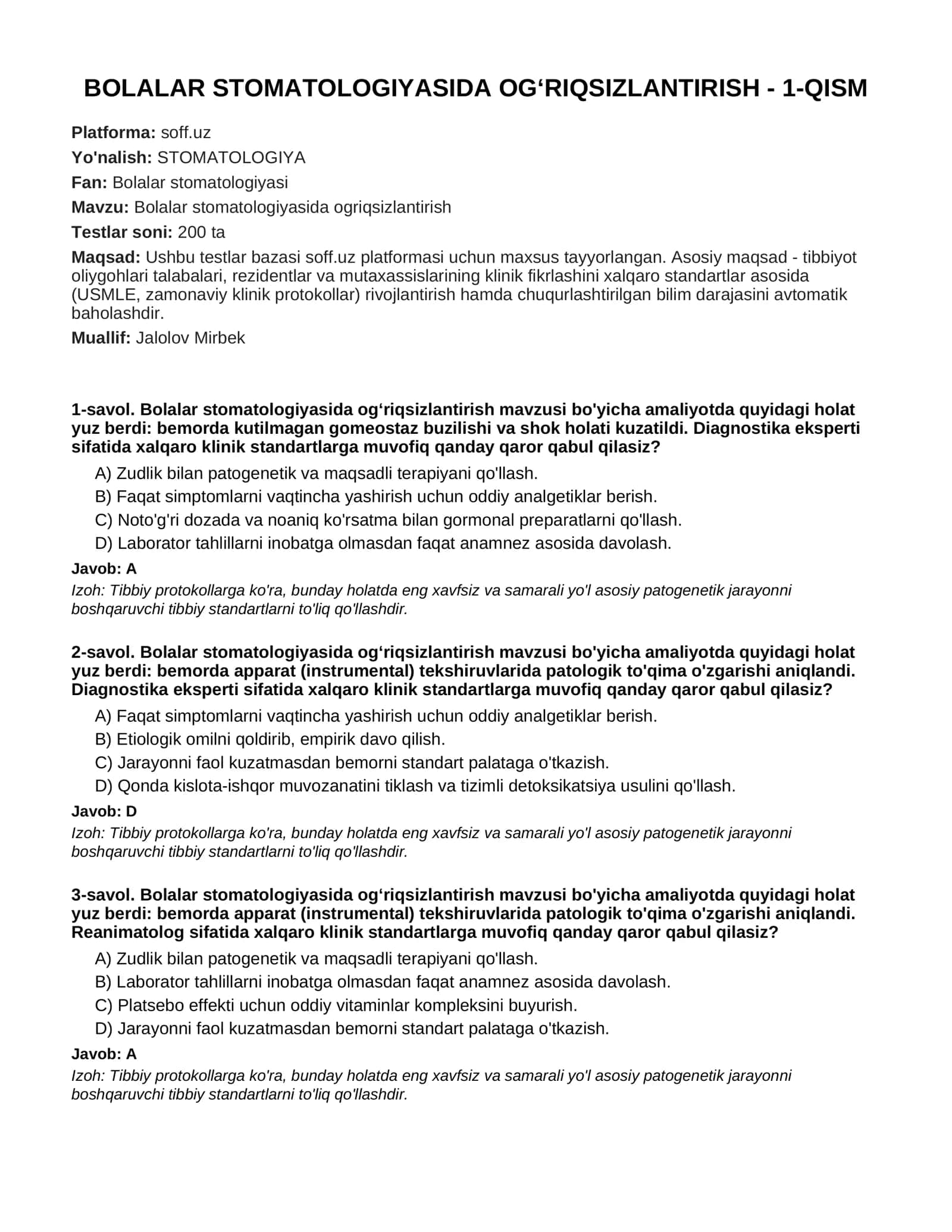 BOLALAR STOMATOLOGIYASIDA OG‘RIQSIZLANTIRISH - 1-QISM 1