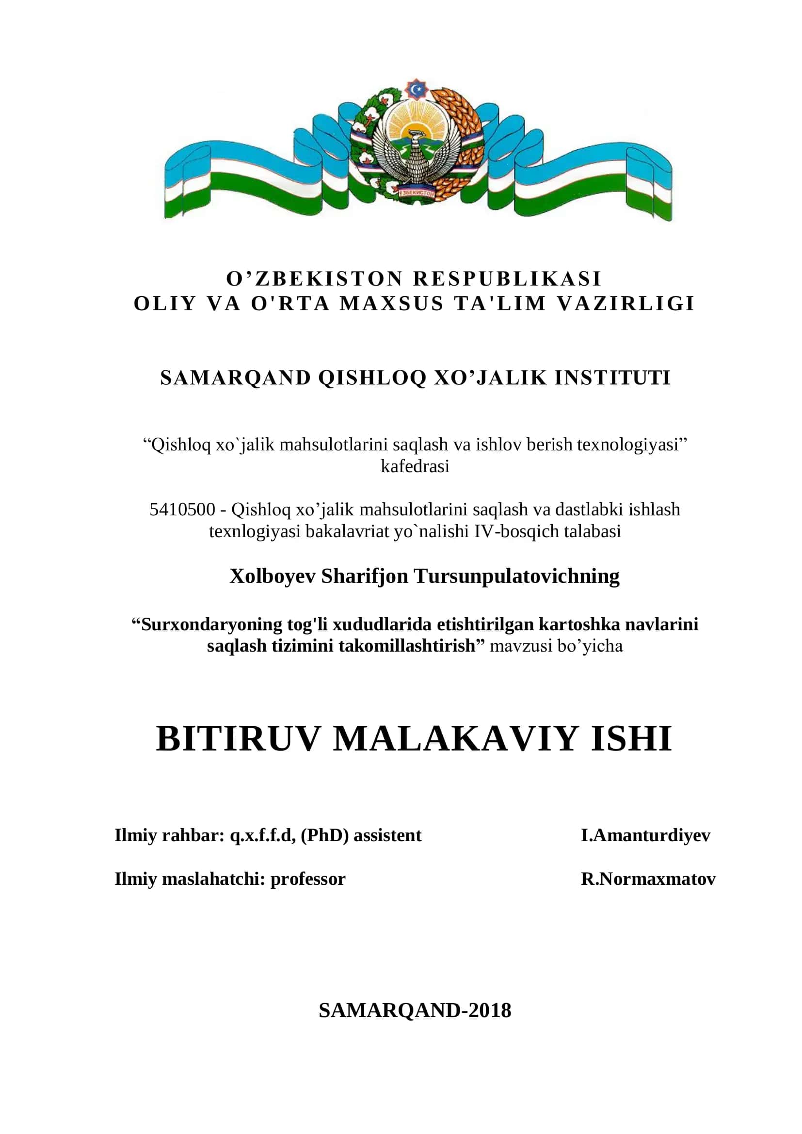 "Surxondaryoning tog'li xududlarida etishtirilgan kartoshka navlarini saqlash tizimini takomillashtirish" 1
