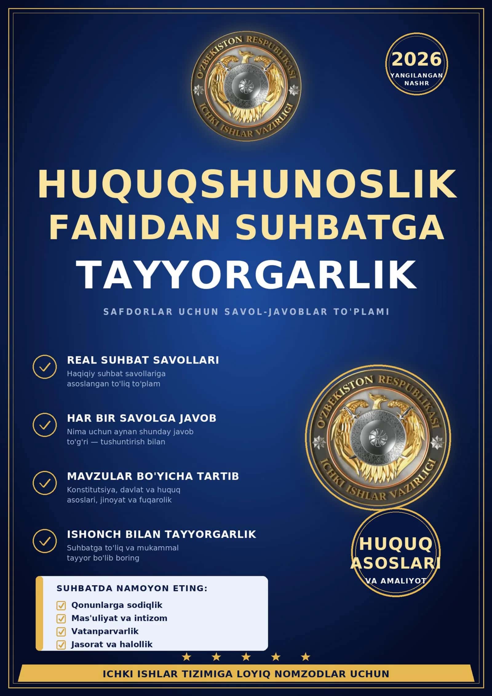 Ichki ishlarga kiruvchilar uchun savollar. Safdorlar uchun huquqshunoslik fanidan savol-javoblar. 1