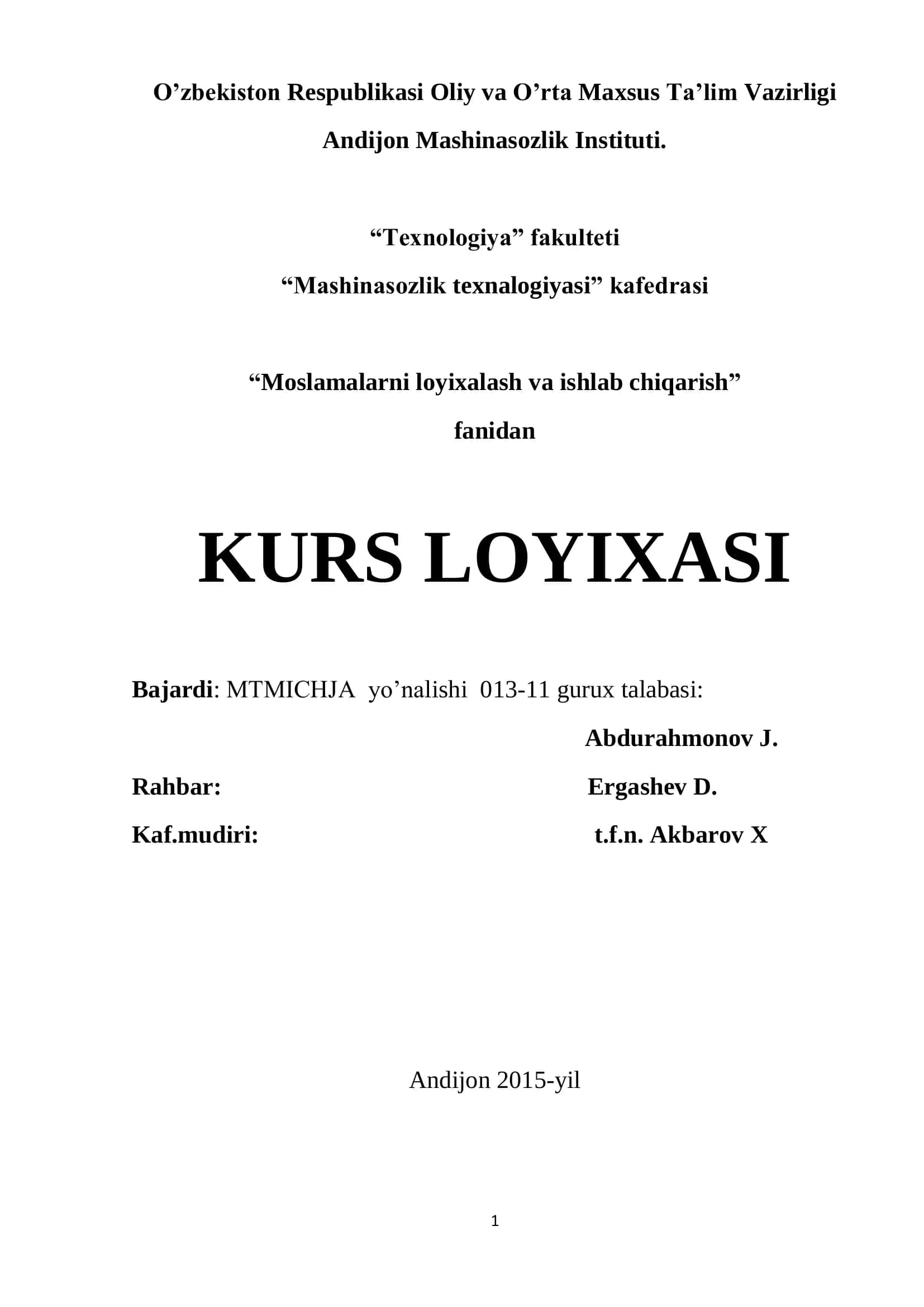 Korpu qopqog’i detalini tayyorlash texnologik jarayoni 1