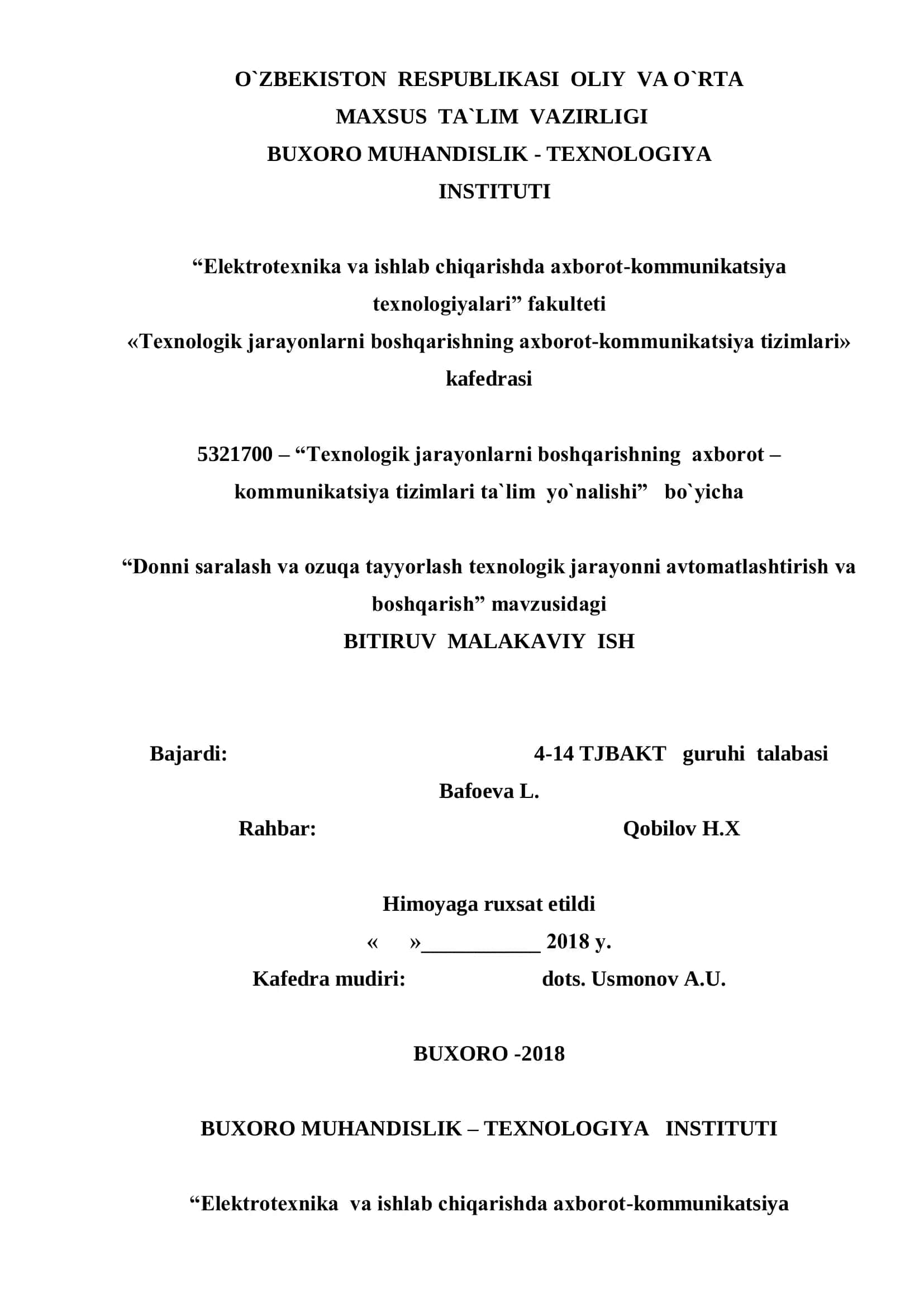 Donni saralash va ozuqa tayyorlash texnologik jarayonni avtomatlashtirish va boshqarish 1