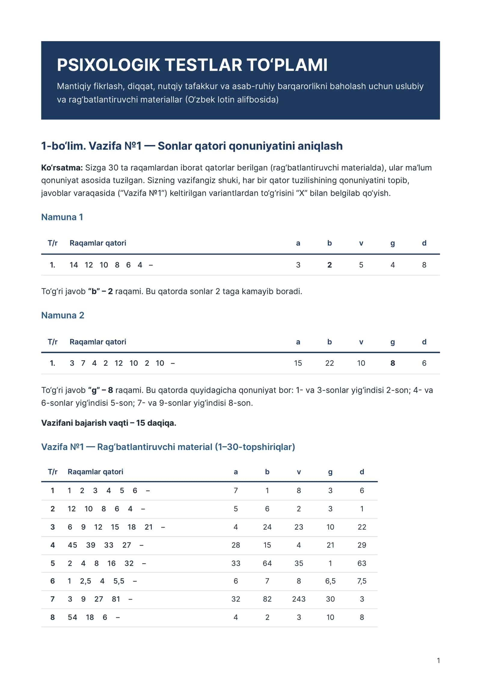 PSIXOLOGIK TESTLAR TO‘PLAMI 1