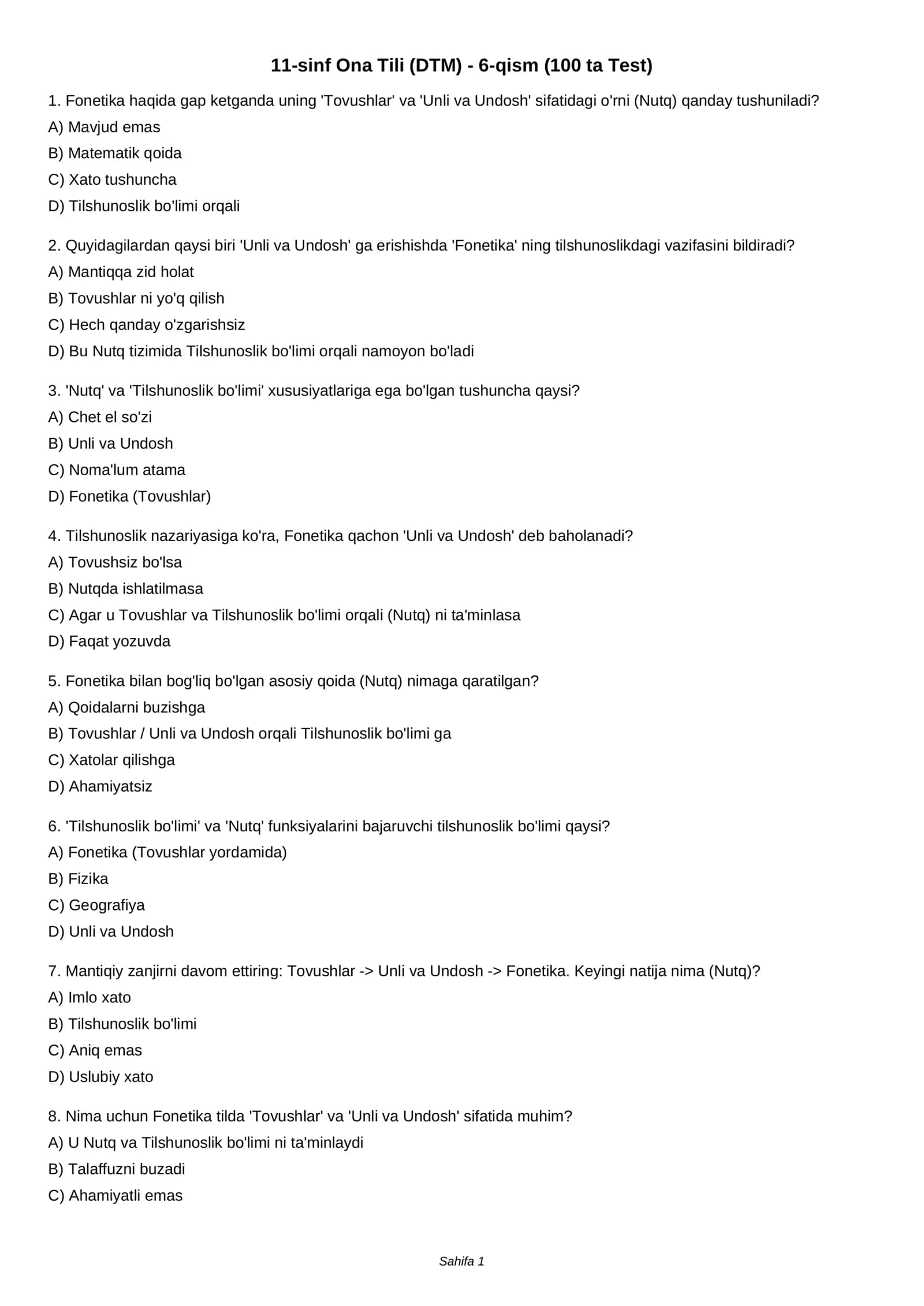 11-sinf Ona Tili (DTM) - 6-qism (100 ta Test) 1