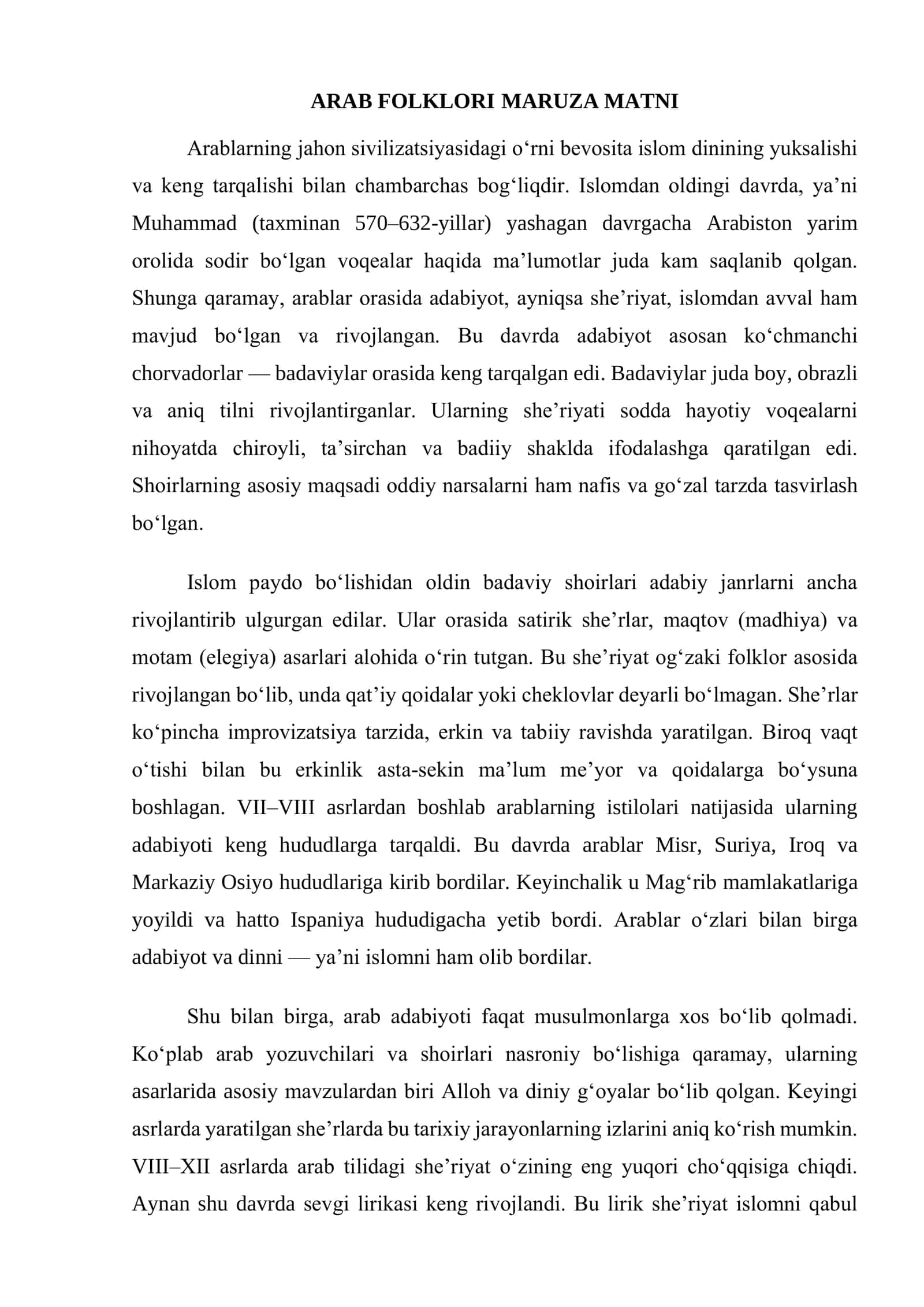 ARAB FOLKLORI MARUZA MATNI 1