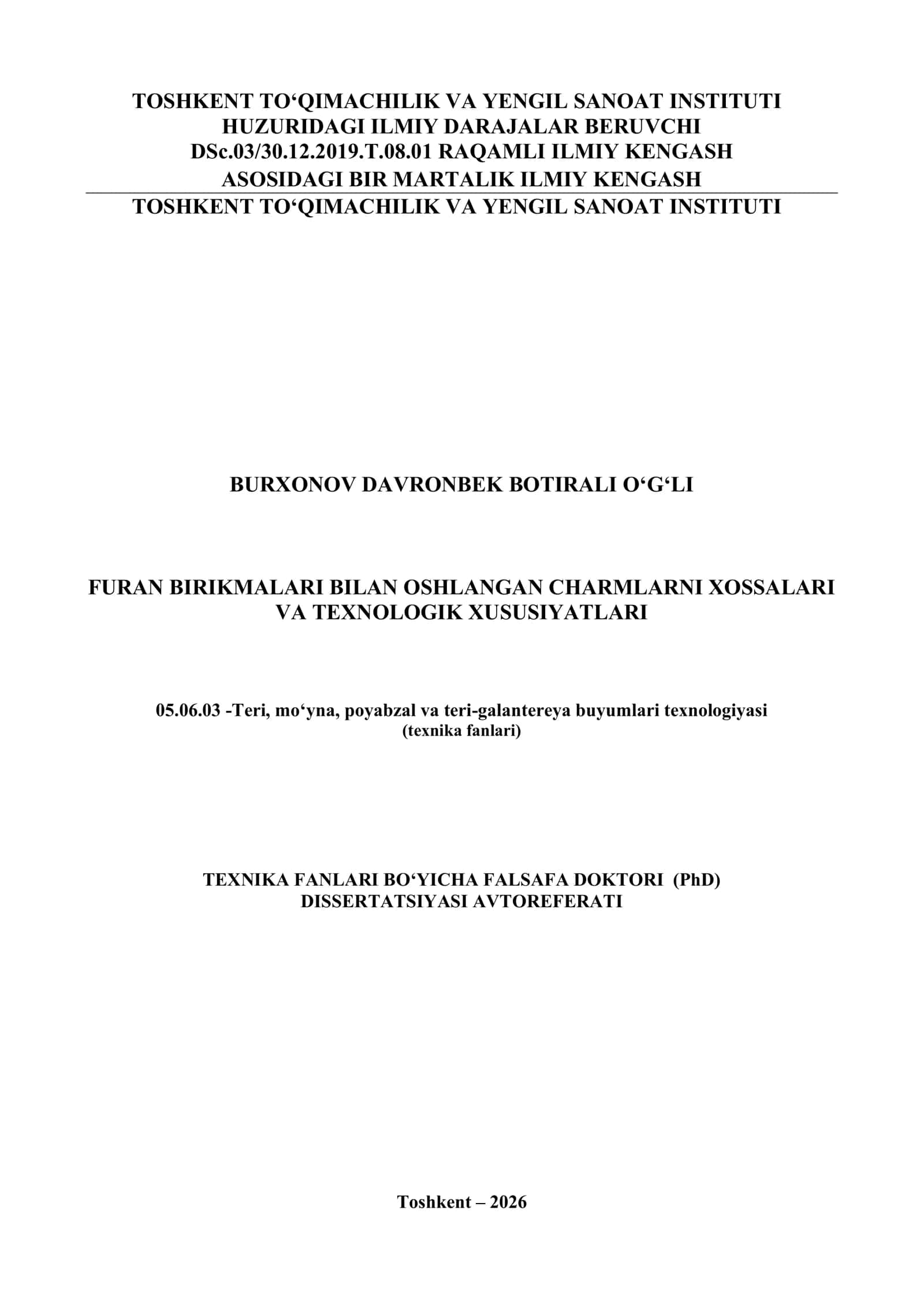 Furan birikmalari bilan oshlangan charmlarni xossalari va texnologik xususiyatlari 1