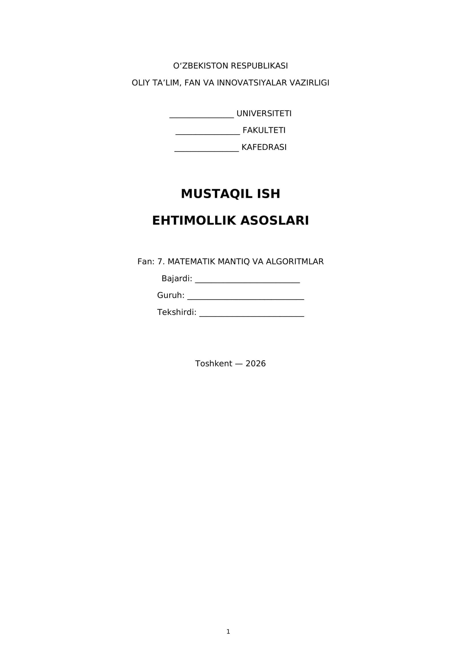 Mavzu: MUSTAQIL ISH EHTIMOLLIK ASOSLARI 1