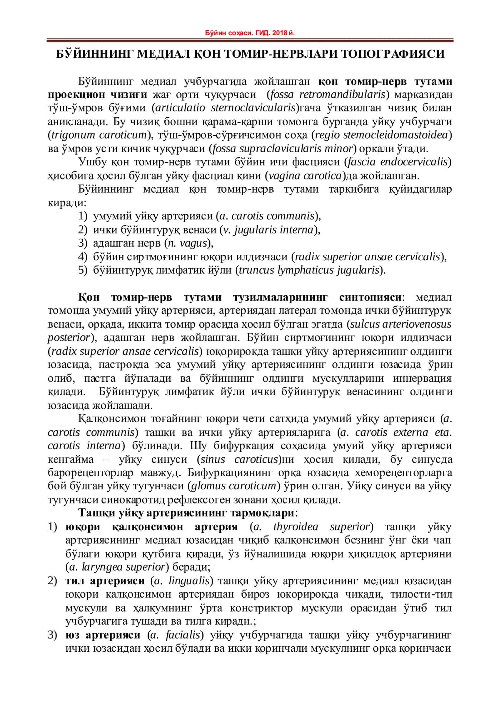 БЎЙИННИНГ МЕДИАЛ ҚОН ТОМИР-Бўйин соҳаси  НЕРВЛАРИ ТОПОГРАФИЯСИ 1