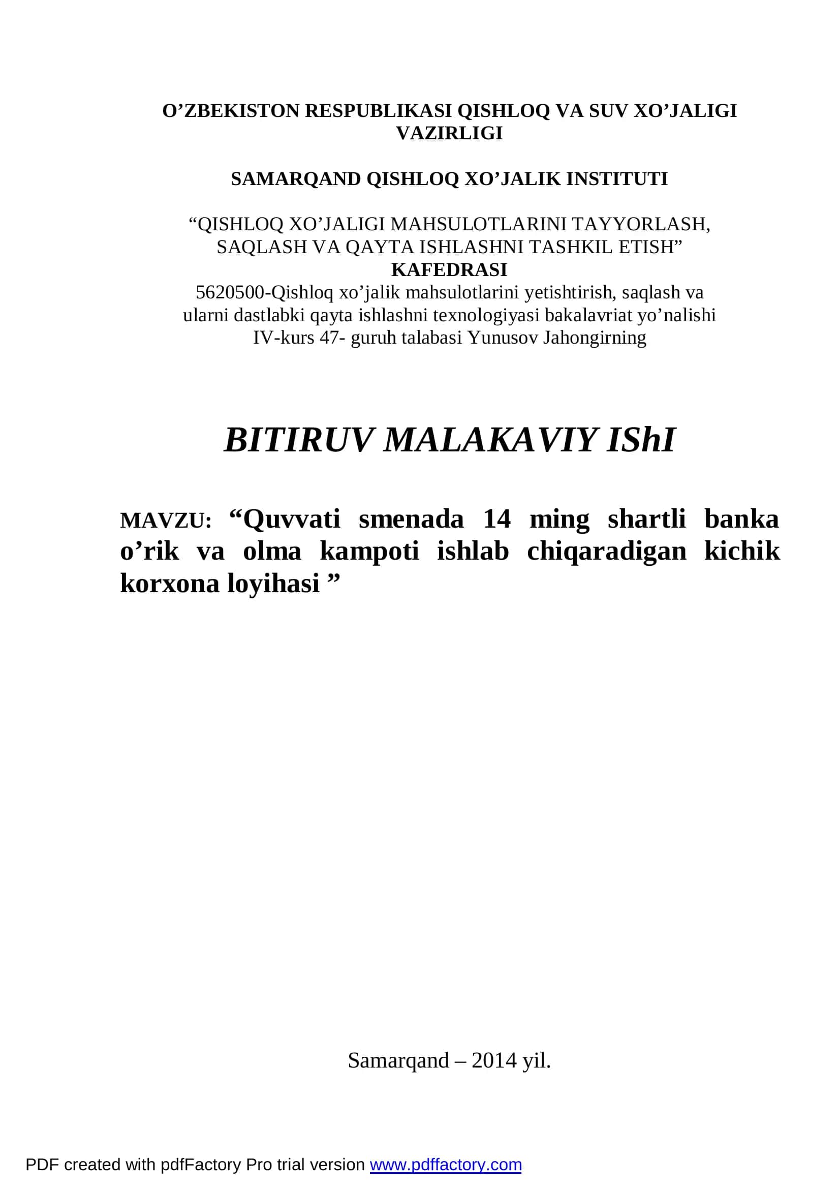 Qishloq xo’jaligi mahsulotlarini tayyorlash, saqlash va qayta ishlashni tashkil etish 1