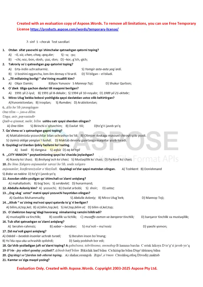 7-sinf 1-2-3-4-chorak test 1
