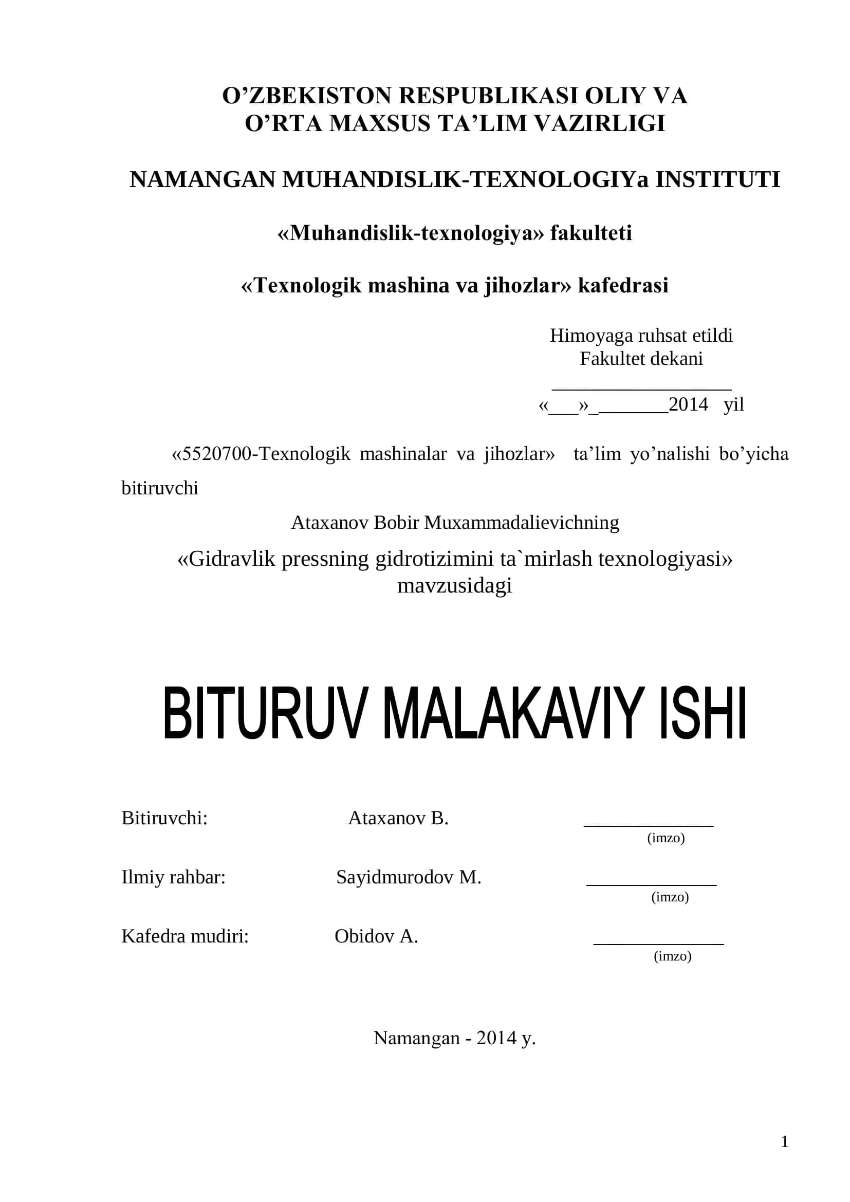Gidravlik pressning gidrotizimini ta`mirlash texnologiyasi 1