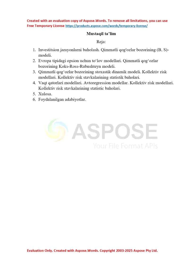 Investitsion jarayonlarni baholash. Qimmatli qog'ozlar bozori 1