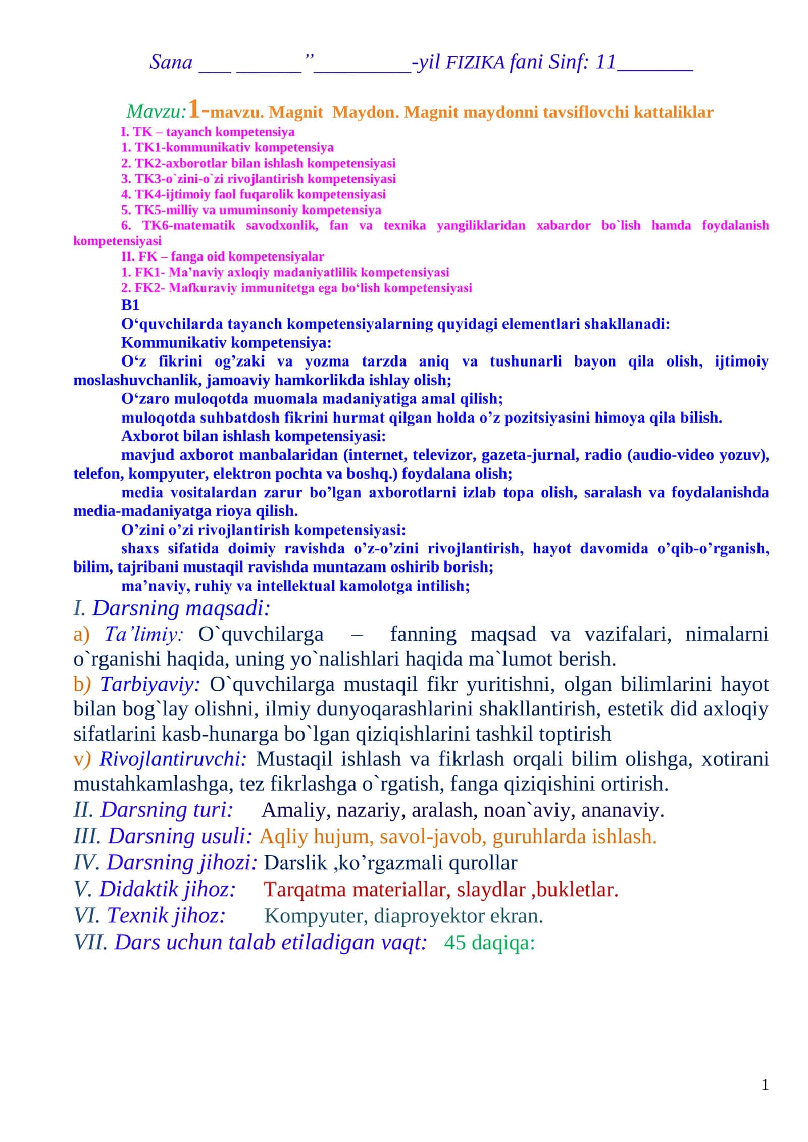 11-Sinf Fizika Fanidan Kompetensiyaviy Yillik Dars Ishlanmalar To‘plami 1