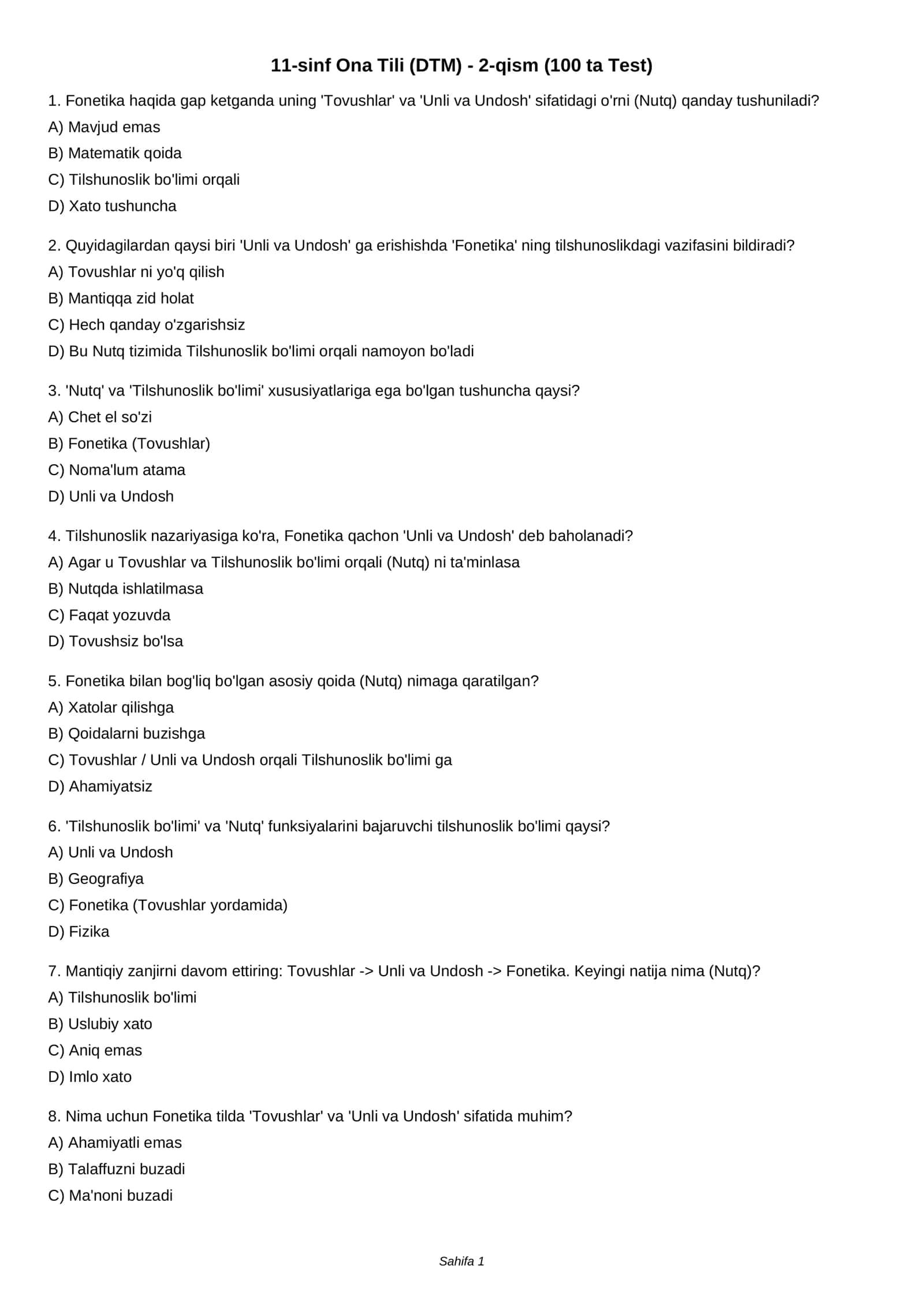 11-sinf Ona Tili (DTM) - 2-qism (100 ta Test) 1