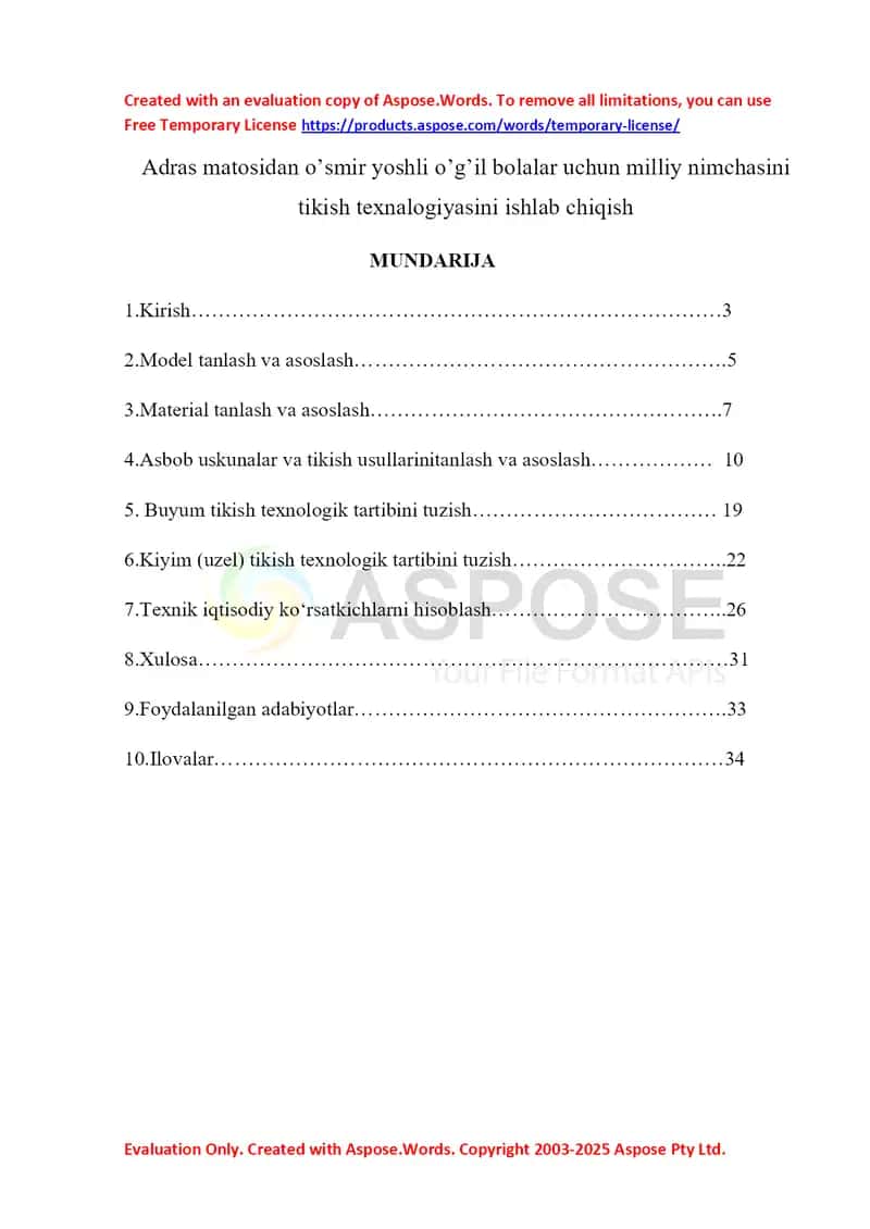 Adras matosidan o’smir yoshli o’g’il bolalar uchun milliy nimchasini tikish texnalogiyasini ishlab chiqish 1