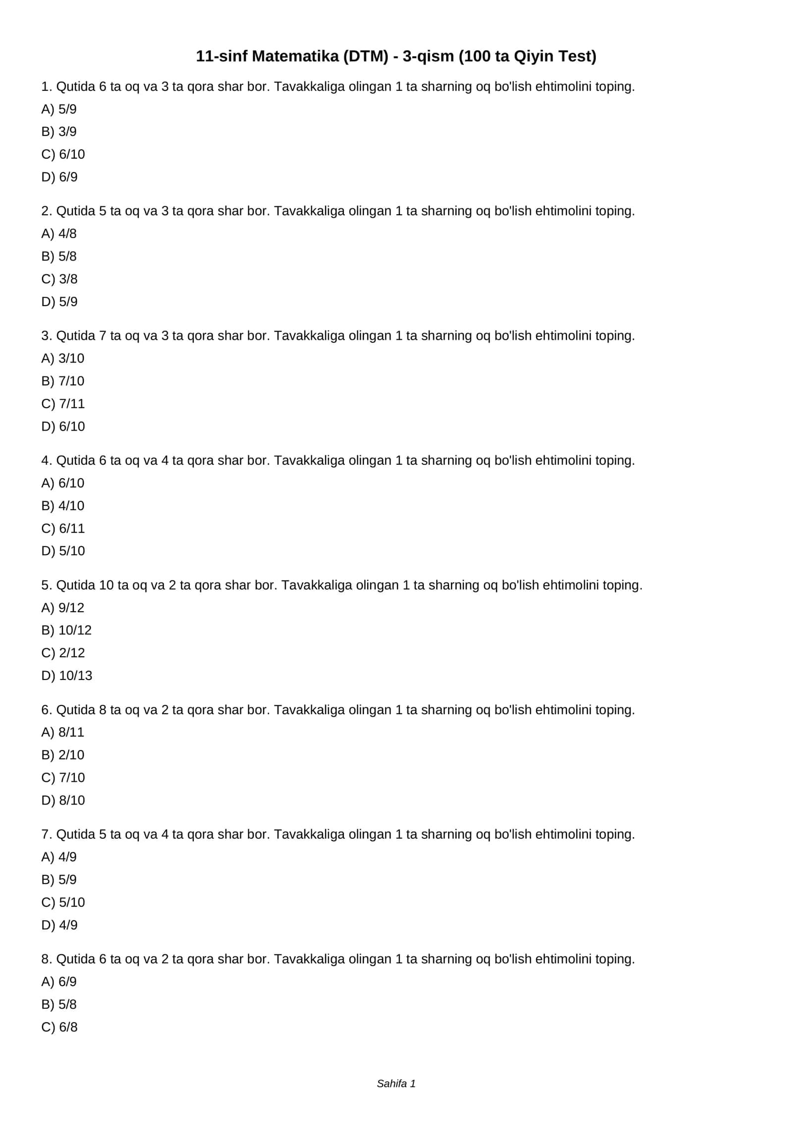11-sinf Matematika (DTM) - 3-qism (100 ta Qiyin Test) 1
