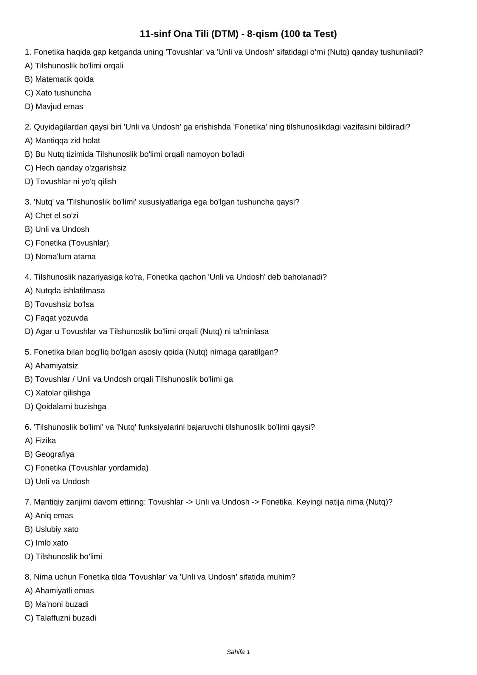 11-sinf Ona Tili (DTM) - 8-qism (100 ta Test) 1