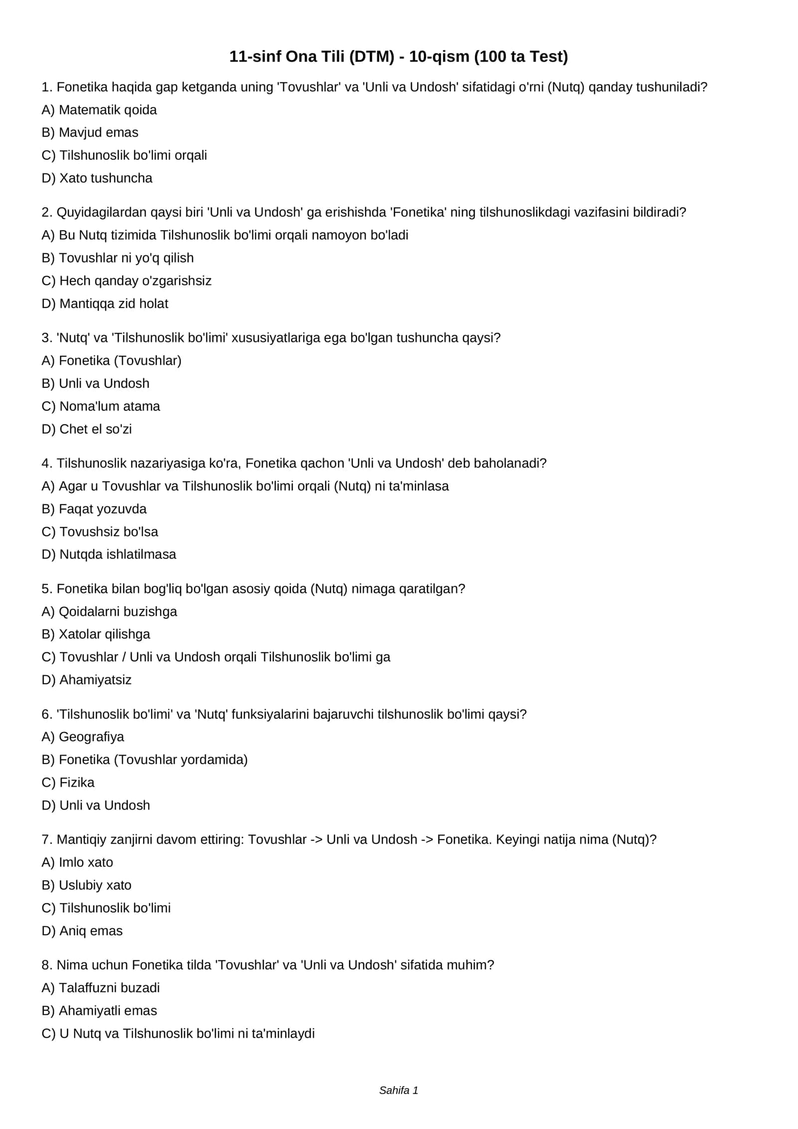11-sinf Ona Tili (DTM) - 10-qism (100 ta Test) 1