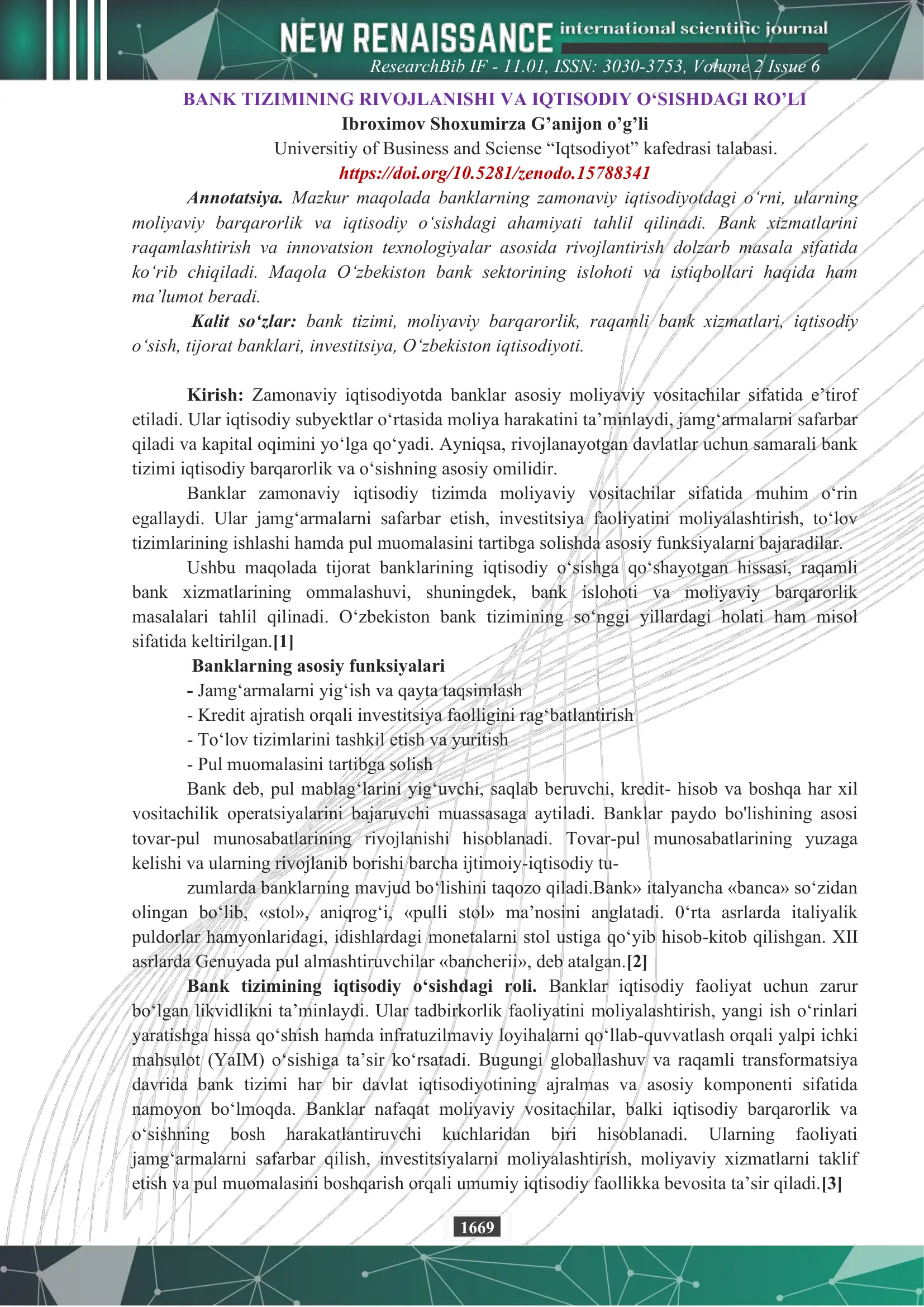 BANK TIZIMINING RIVOJLANISHI VA IQTISODIY O‘SISHDAGI RO’LI 1