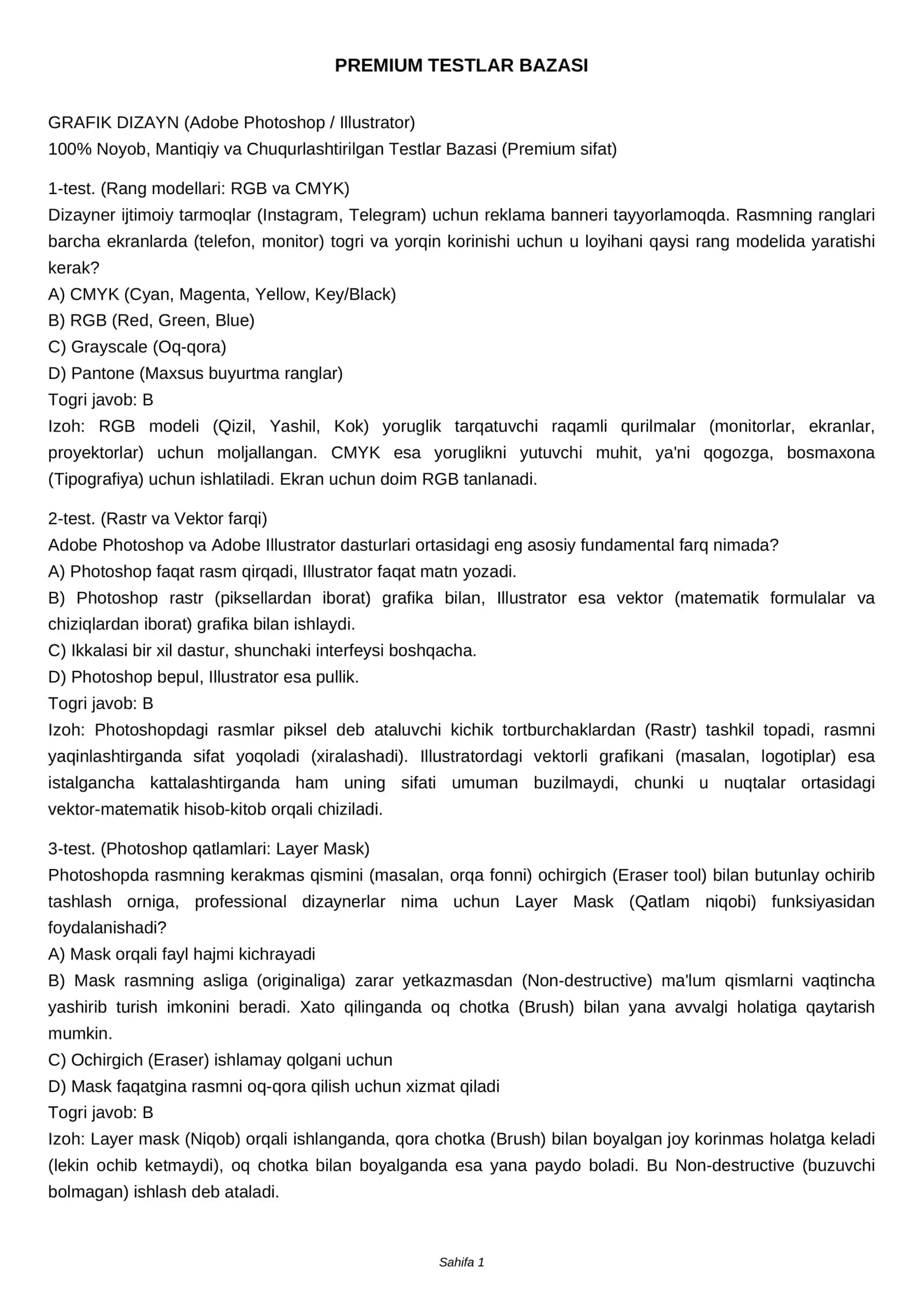 PREMIUM TESTLAR BAZASI 1