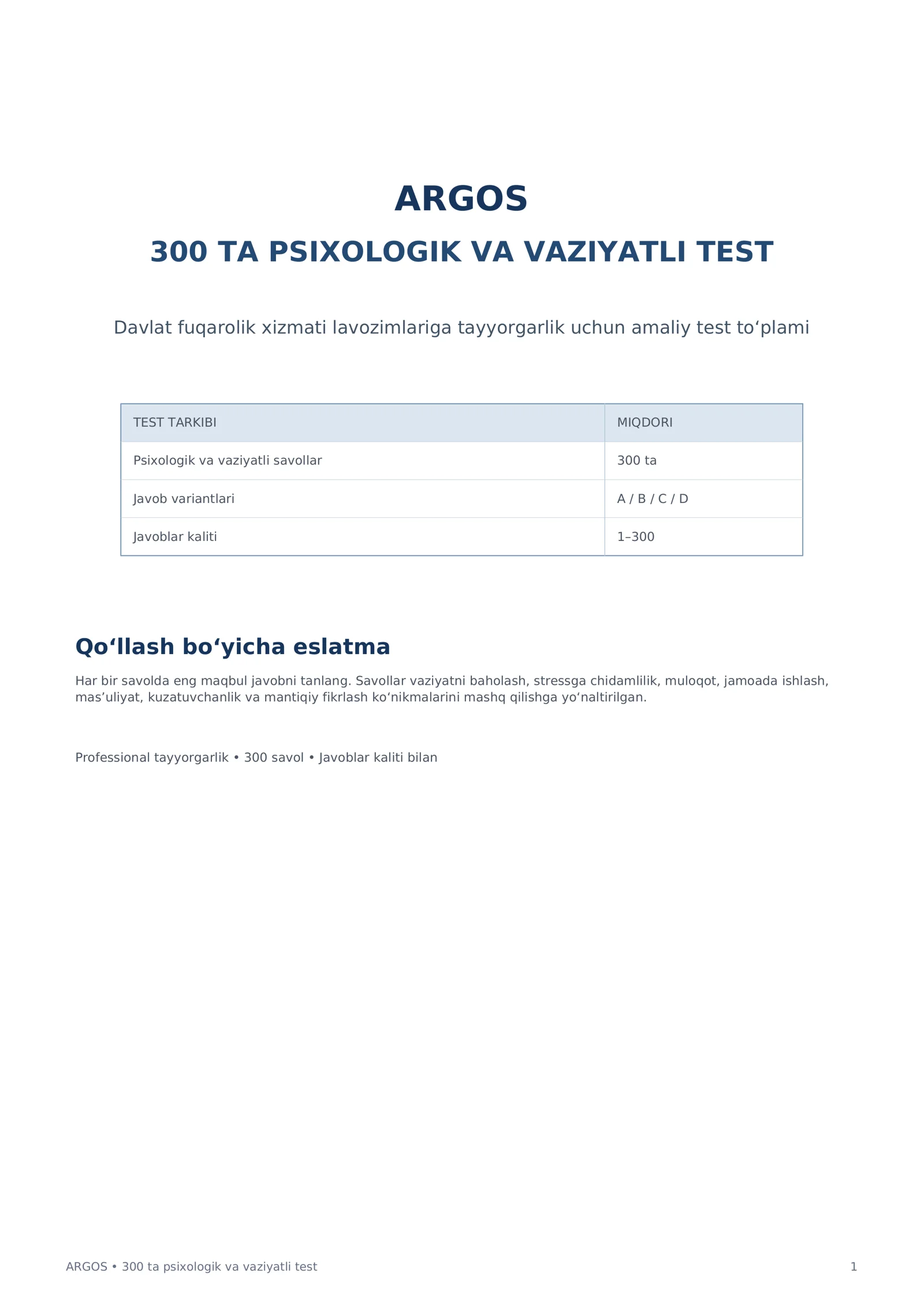 ARGOS 300 ta Psixologik Test | Davlat Xizmati uchun Testlar | Javoblar Kaliti bilan PDF 1