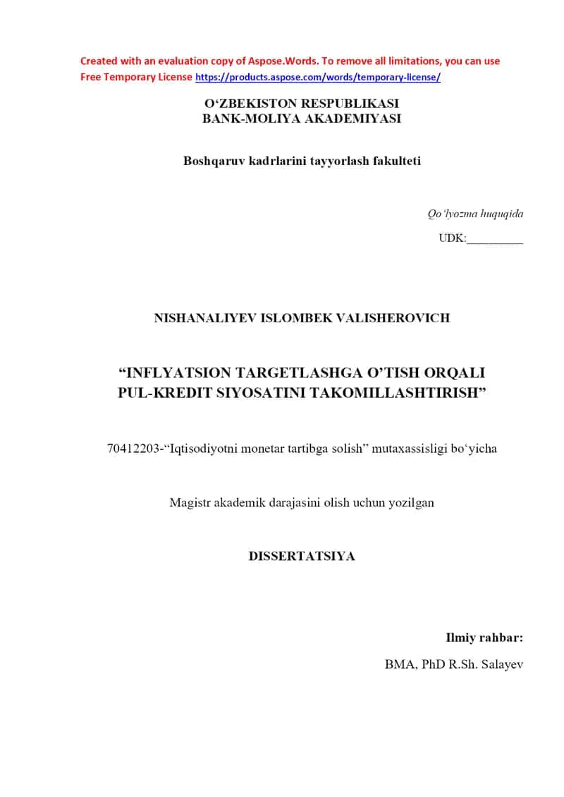 INFLYATSION TARGETLASHGA O’TISH ORQALI PUL-KREDIT SIYOSATINI TAKOMILLASHTIRISH 1