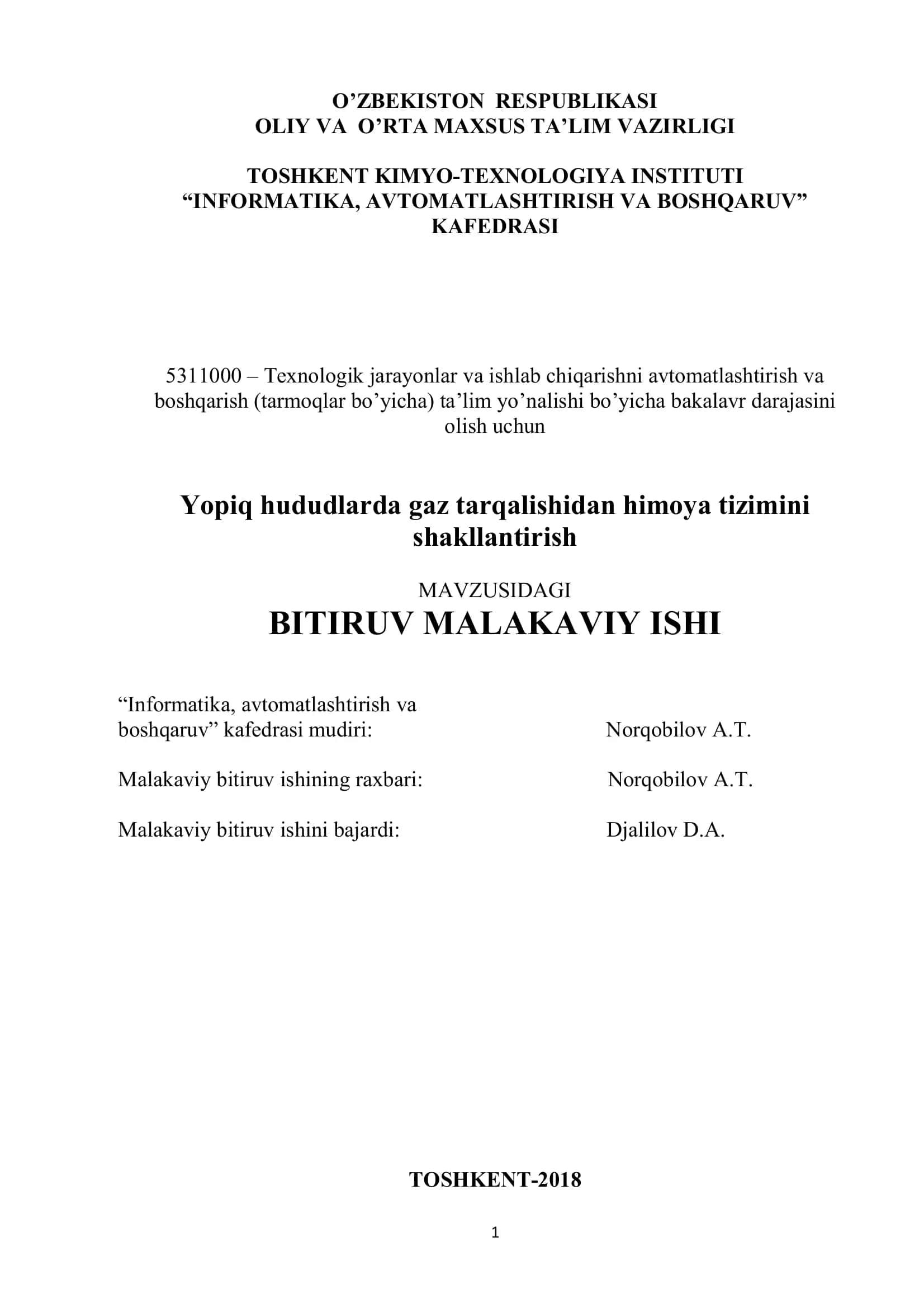 Yopiq hududlarda gaz tarqalishidan himoya tizimini shakllantirish 1